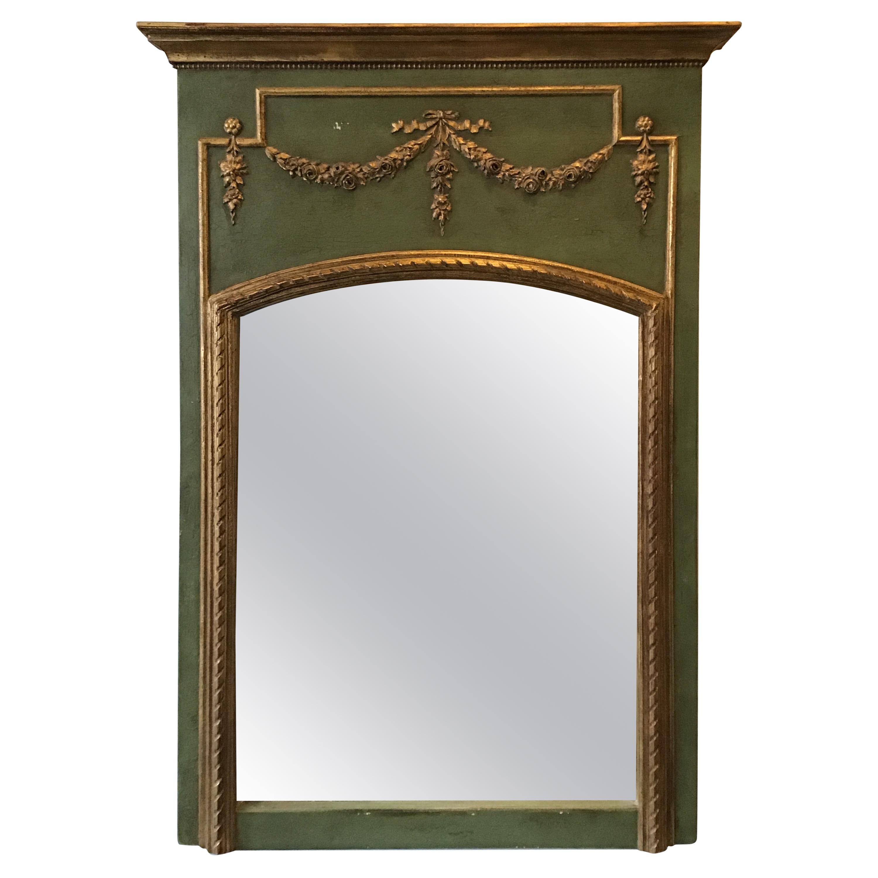 1950s French Green Trumeau Mirror With Gilt Accents