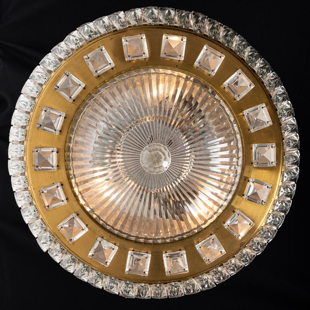 1950's, Gilt Metal and Crystal Glass Flush Mount Attributed to Bakalowits For Sale 2