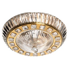 Retro 1950's, Gilt Metal and Crystal Glass Flush Mount Attributed to Bakalowits