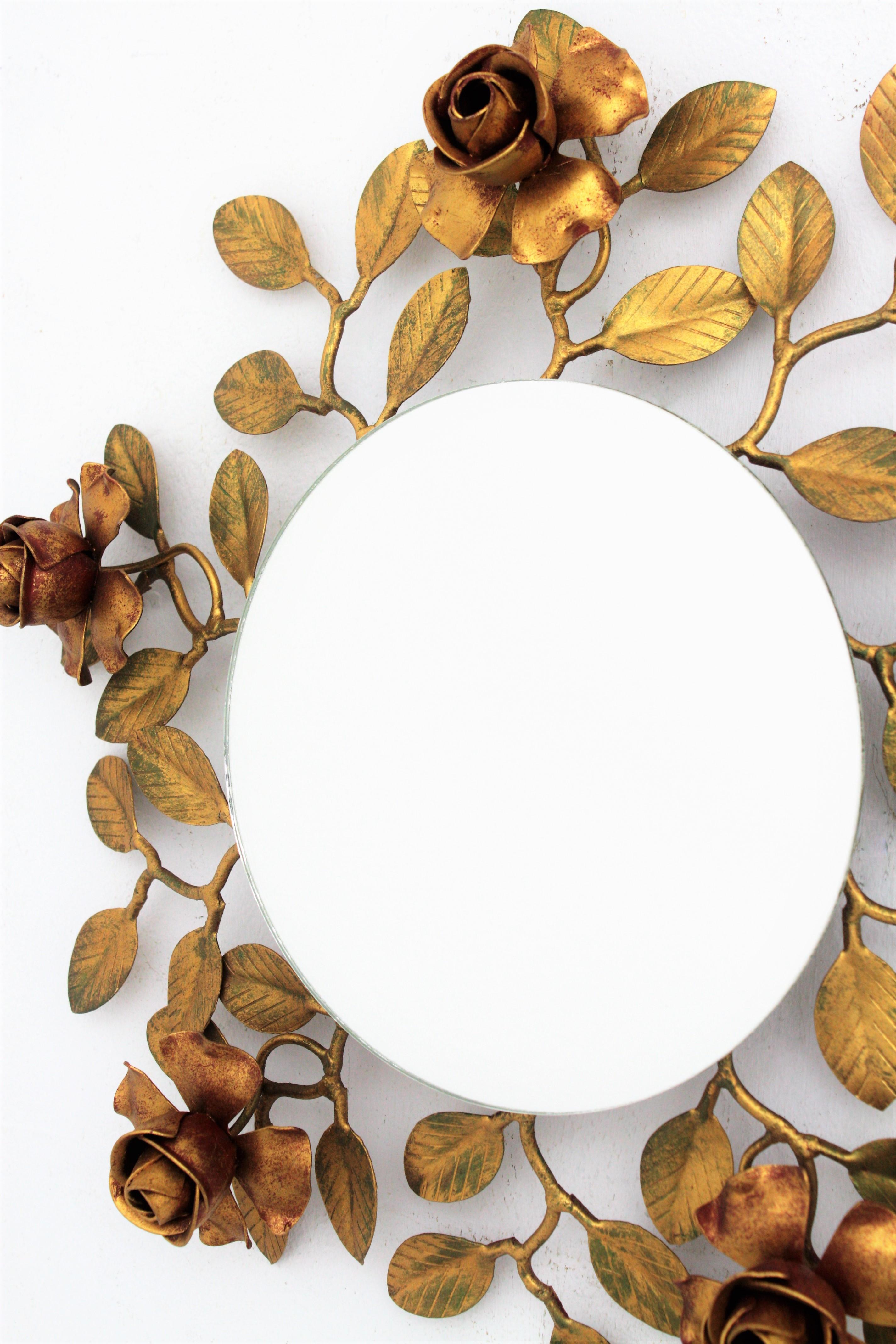 Iron Foliage Floral Mirror in Polychrome Gilt Metal For Sale