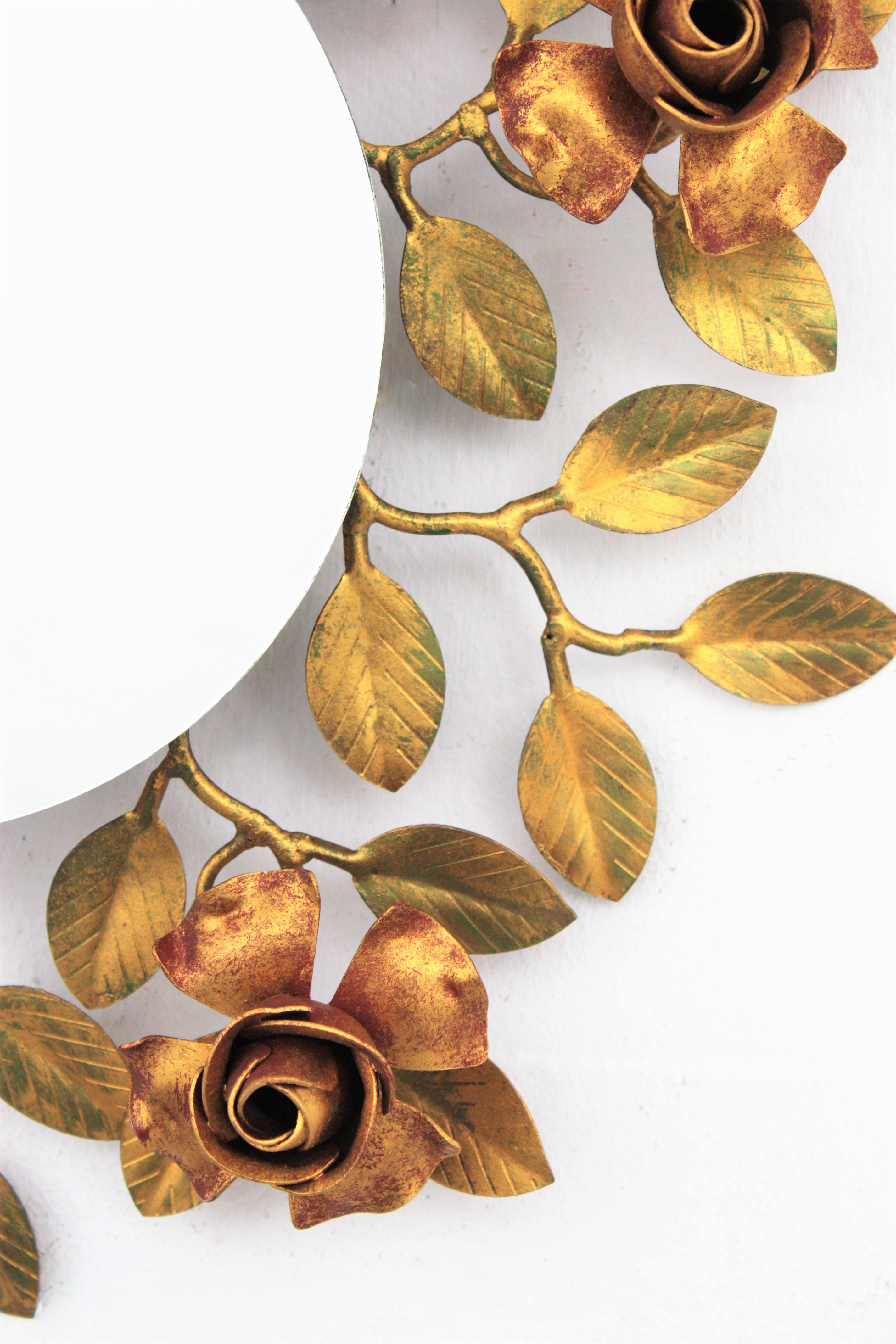 Espejo Floral de Follaje en Metal Dorado Policromado, España Años 50 Moderno de mediados de siglo en venta