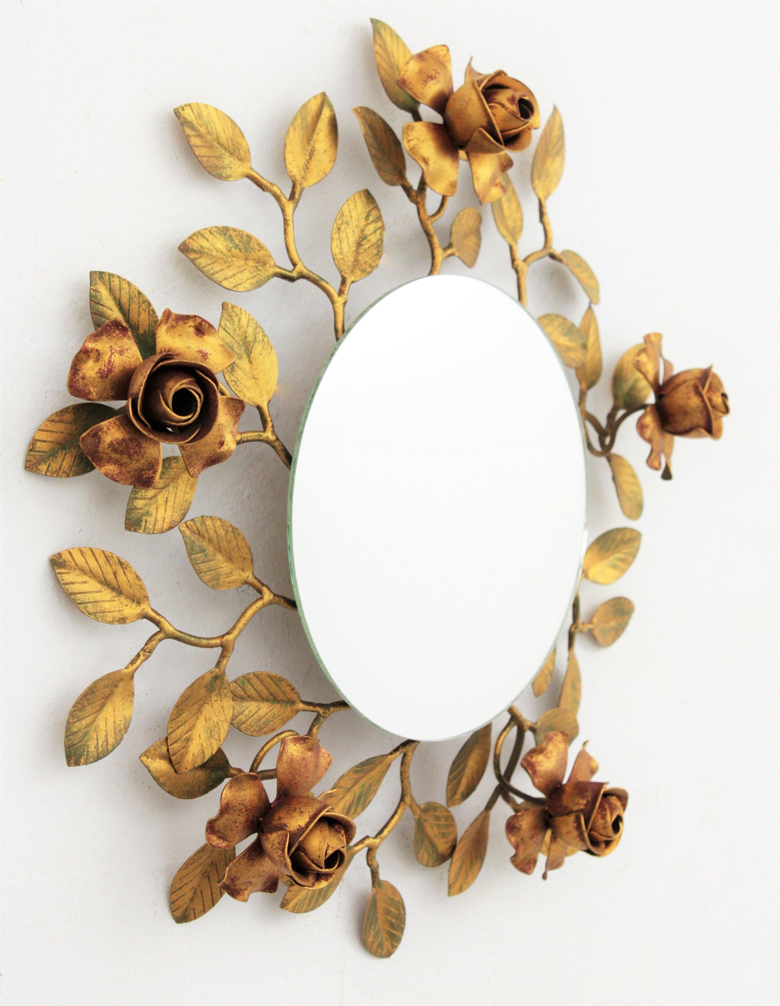 Mid-Century Modern Foliage Floral Mirror in Polychrome Gilt Metal For Sale