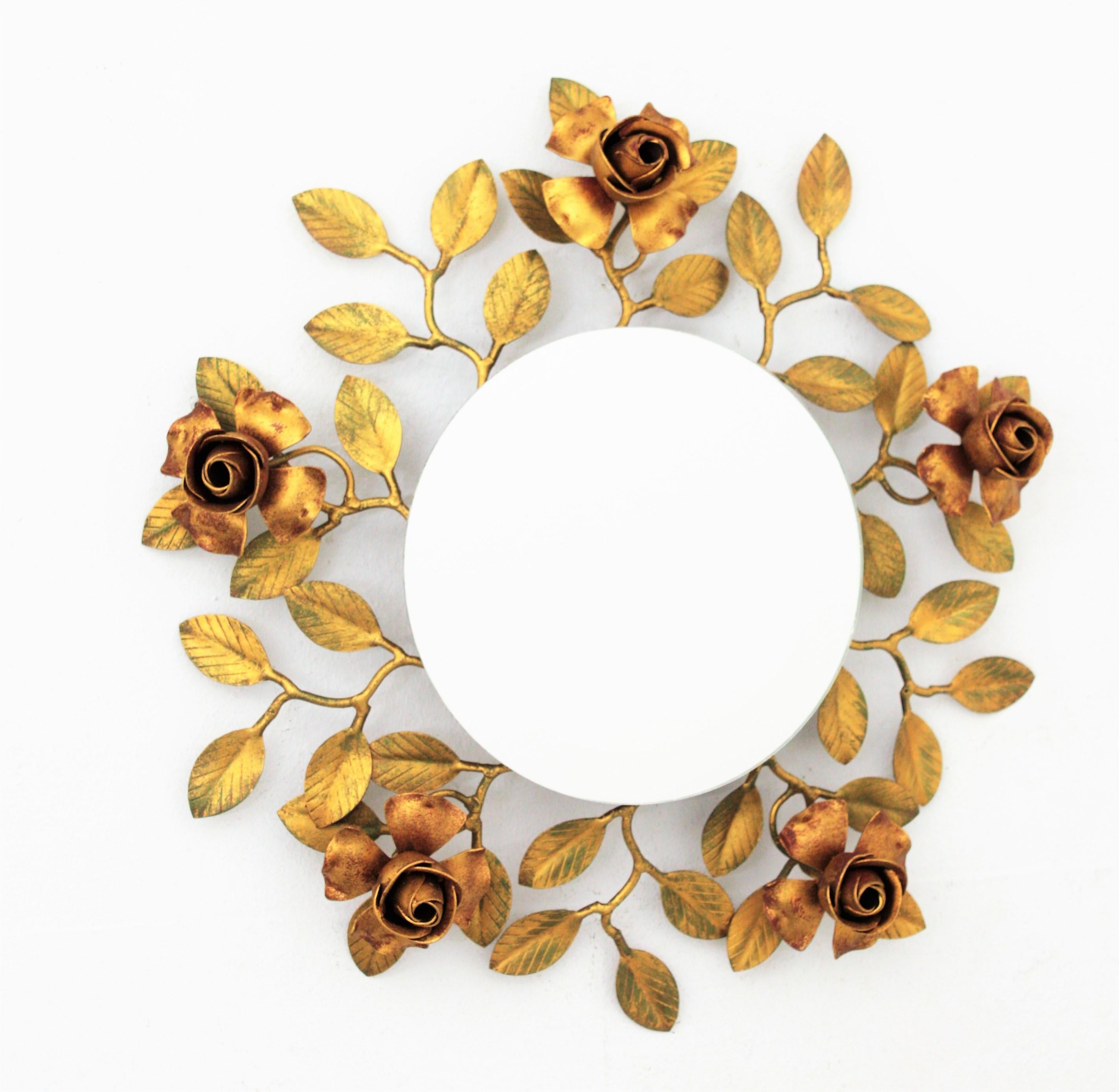 Espejo Floral de Follaje en Metal Dorado Policromado, España Años 50 en venta 1