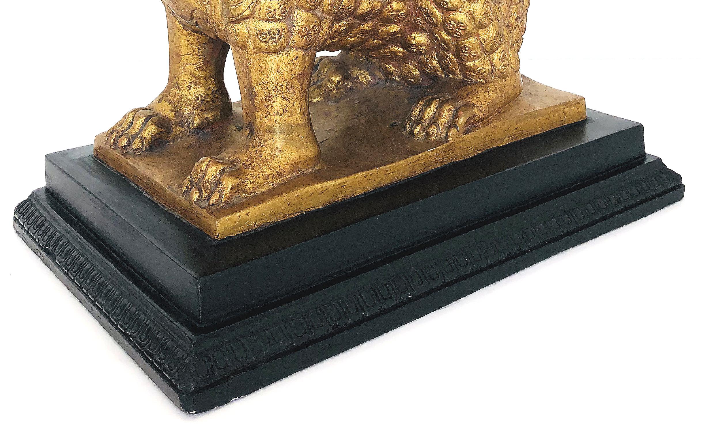 Wood 1950s Gilt Pottery Foo Dog Lamp, after Tony Duquette