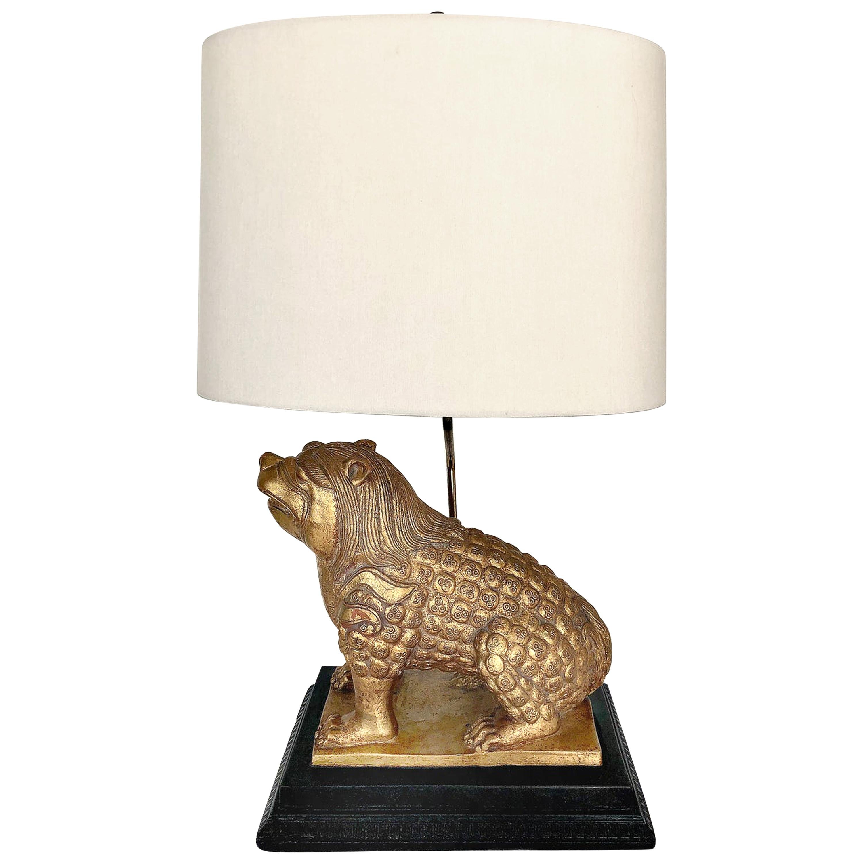 1950s Gilt Pottery Foo Dog Lamp, after Tony Duquette