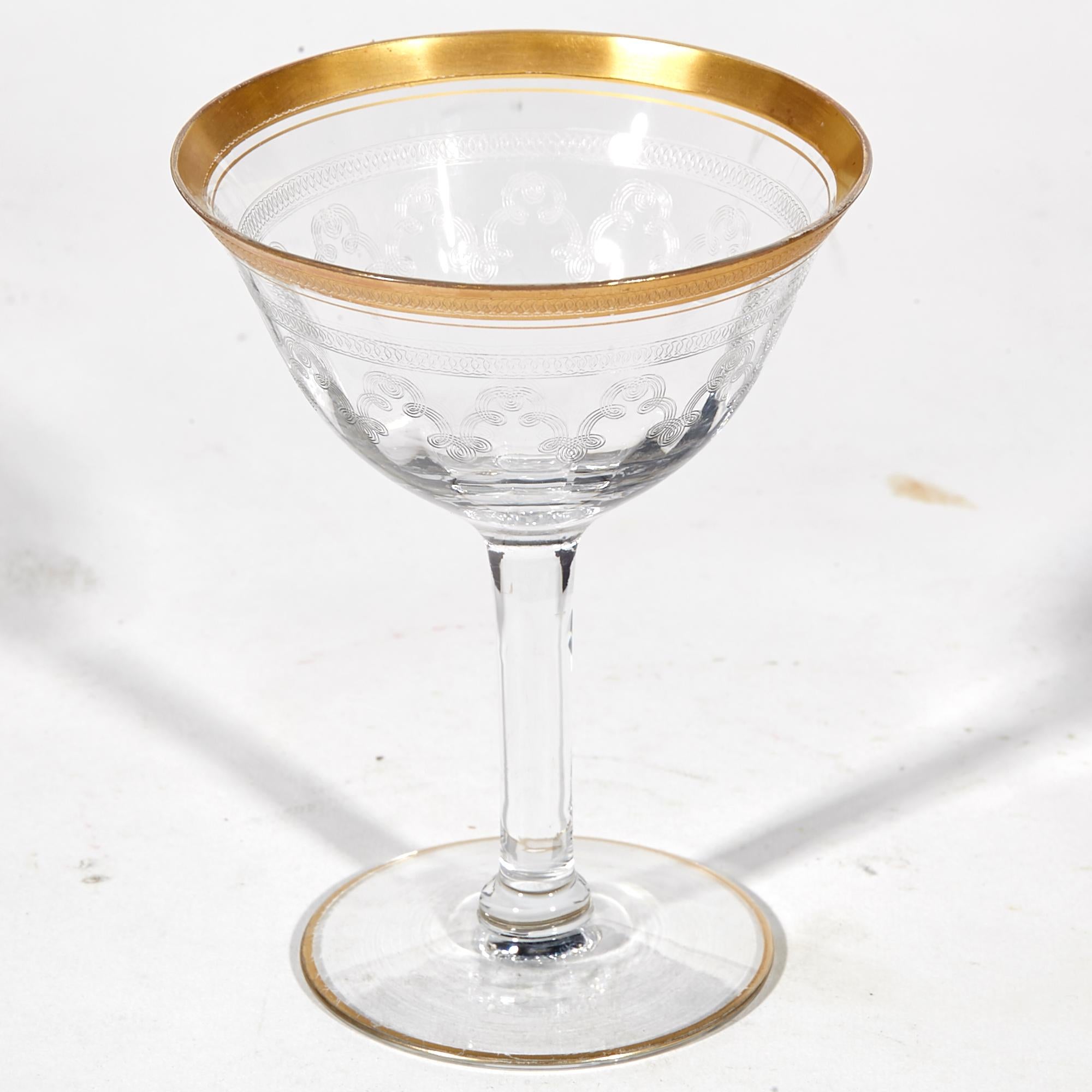 Art Deco 1950s Gilt Rim and Etched Glass Coupes, Set of 8 For Sale