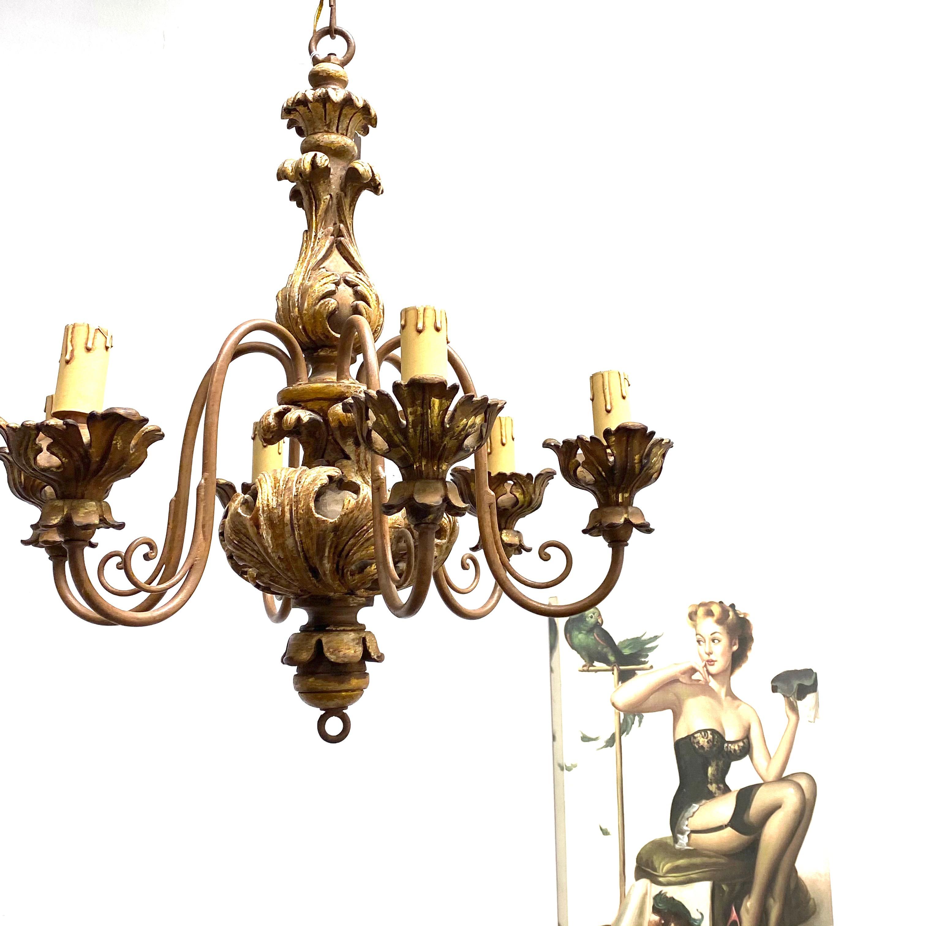 1950s Giltwood Acanthus Leaf Decoration Chandelier Tole Hollywood Regency 5