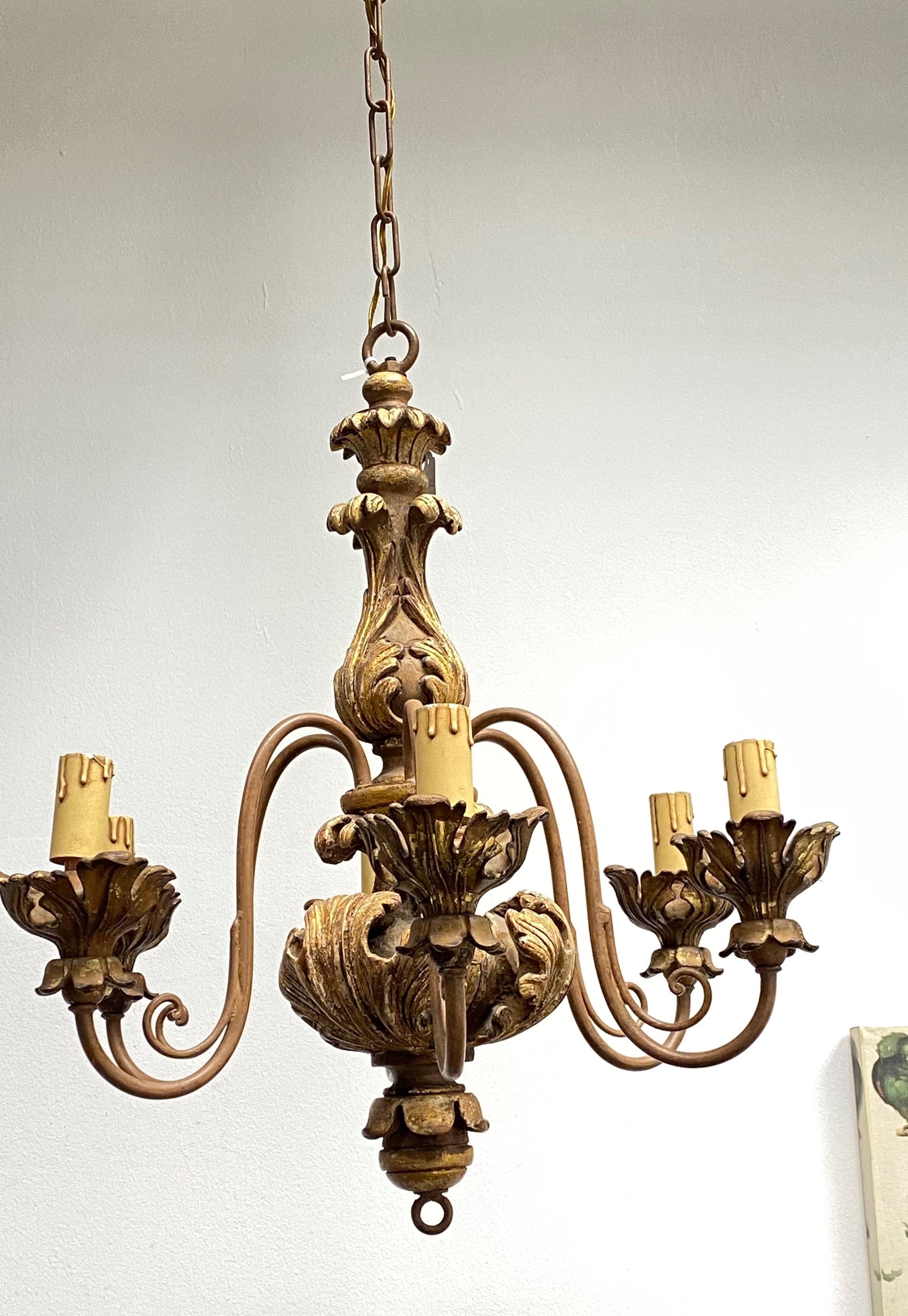 German 1950s Giltwood Acanthus Leaf Decoration Chandelier Tole Hollywood Regency