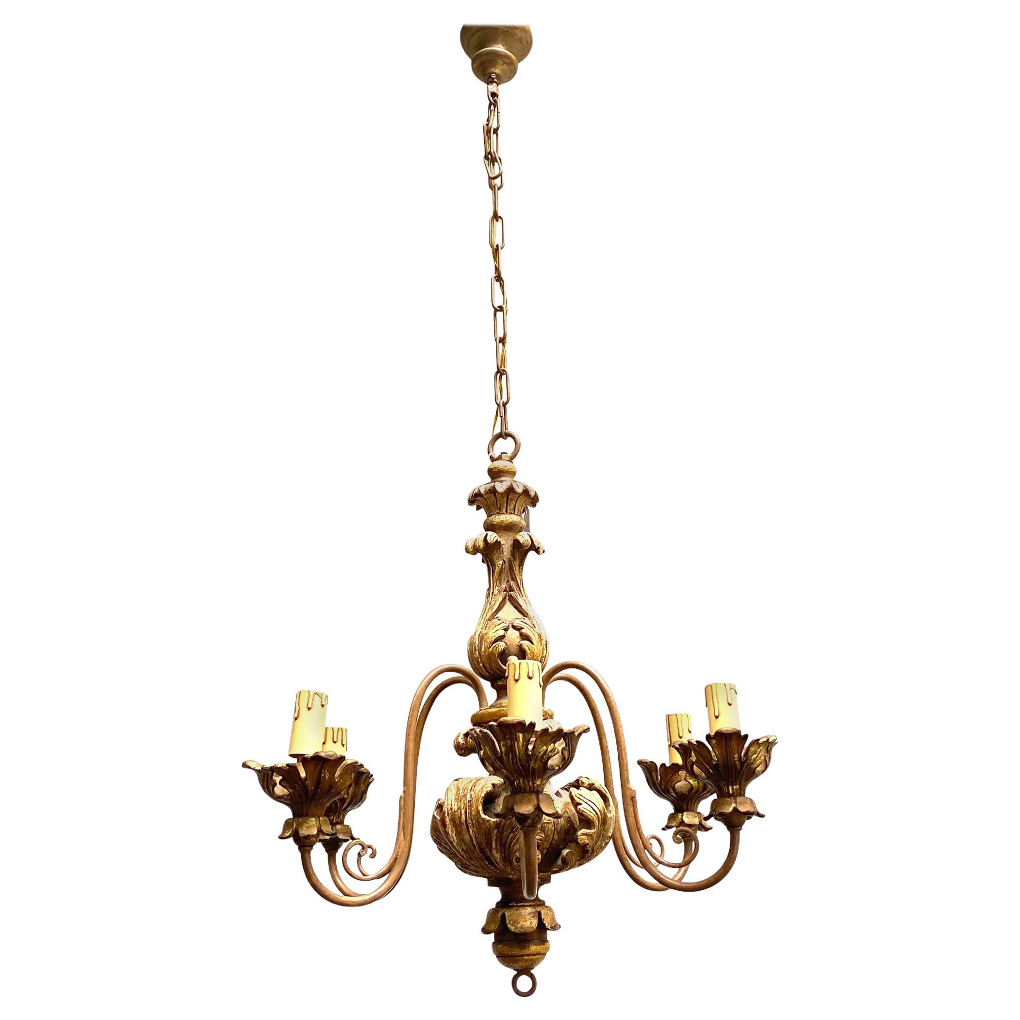 1950s Giltwood Acanthus Leaf Decoration Chandelier Tole Hollywood Regency