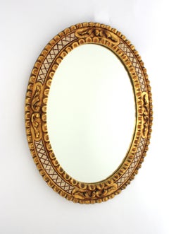 1950s Giltwood Oval Mirror with Beige Grid Accents, Hollywood Regency