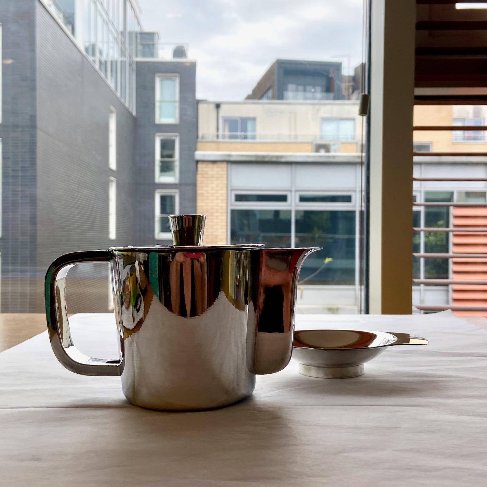 Metal 1950's Gio Ponti silver plated coffee pot, a tiny dish & egg holder by A. Krupp For Sale