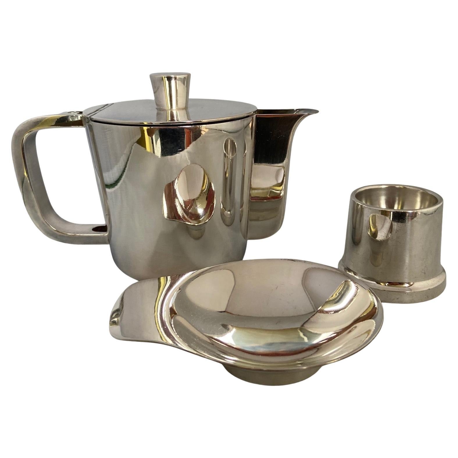 Italian 1950's Gio Ponti silver plated coffee pot, a tiny dish & egg holder by A. Krupp For Sale