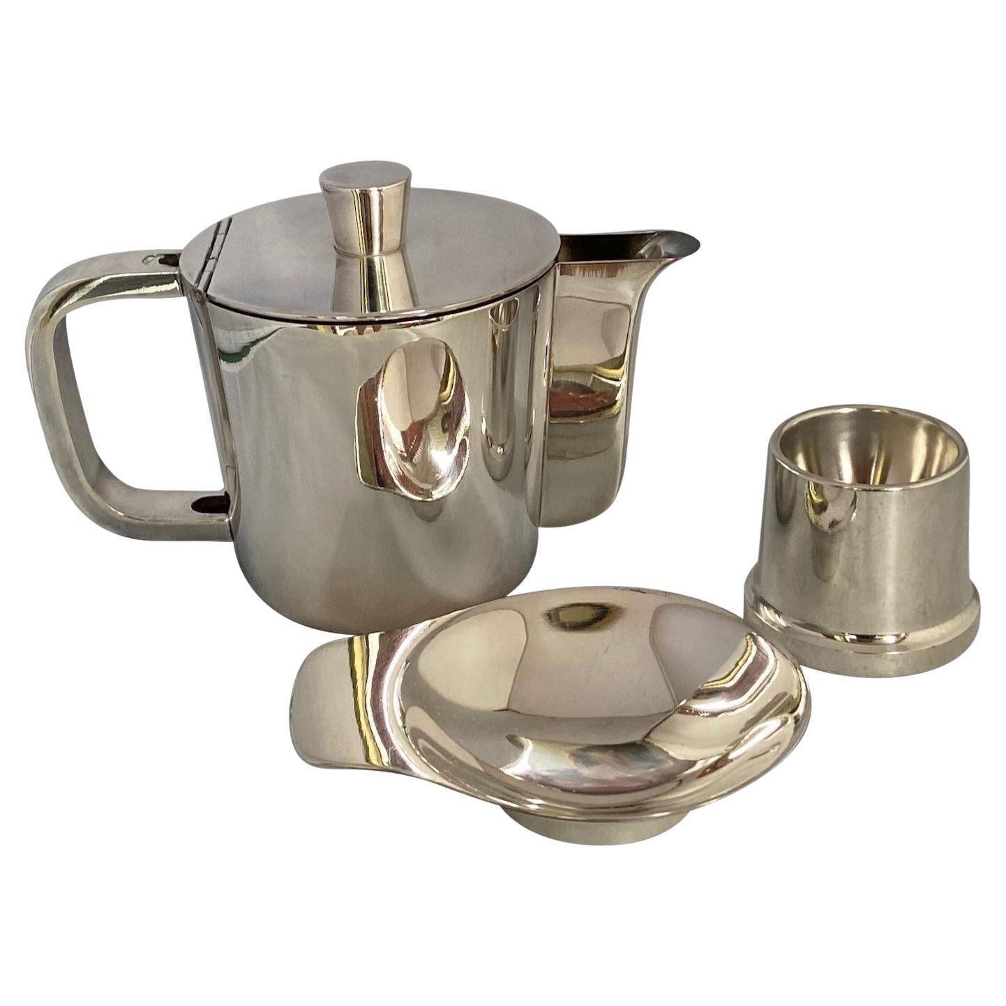 1950's Gio Ponti silver plated coffee pot, a tiny dish & egg holder by A. Krupp For Sale