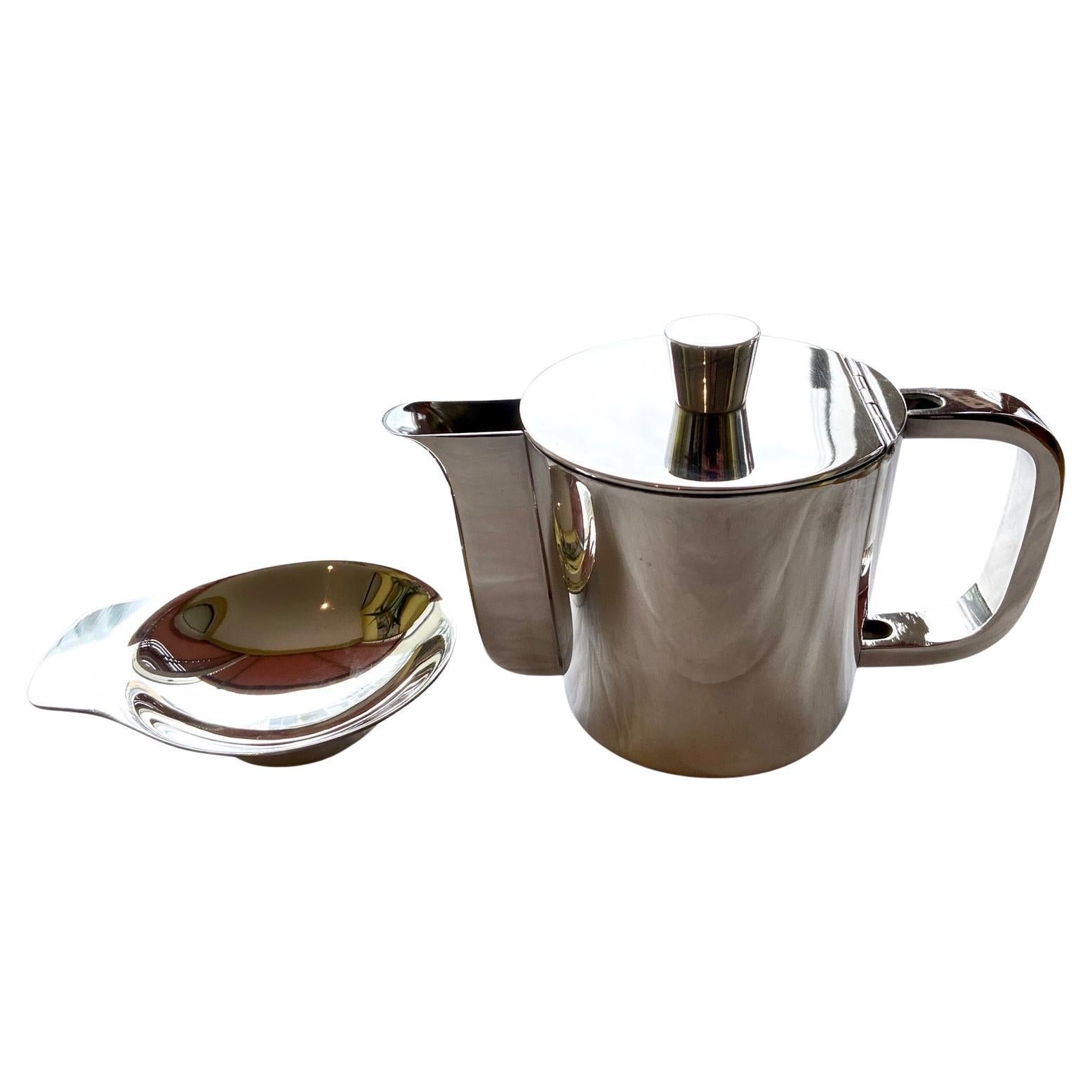 Italian 1950's Gio Ponti silver plated coffee pot, tiny dish & egg holder by A. Krupp