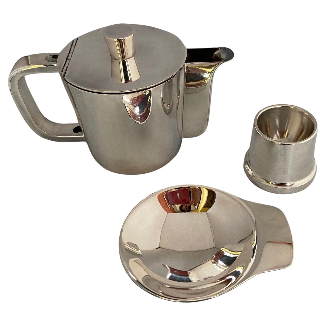 Metal 1950's Gio Ponti silver plated coffee pot, tiny dish & egg holder by A. Krupp