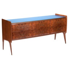 Vintage 1950s Gio Ponti style blue glass top Italian sideboard maple wood veneer decor