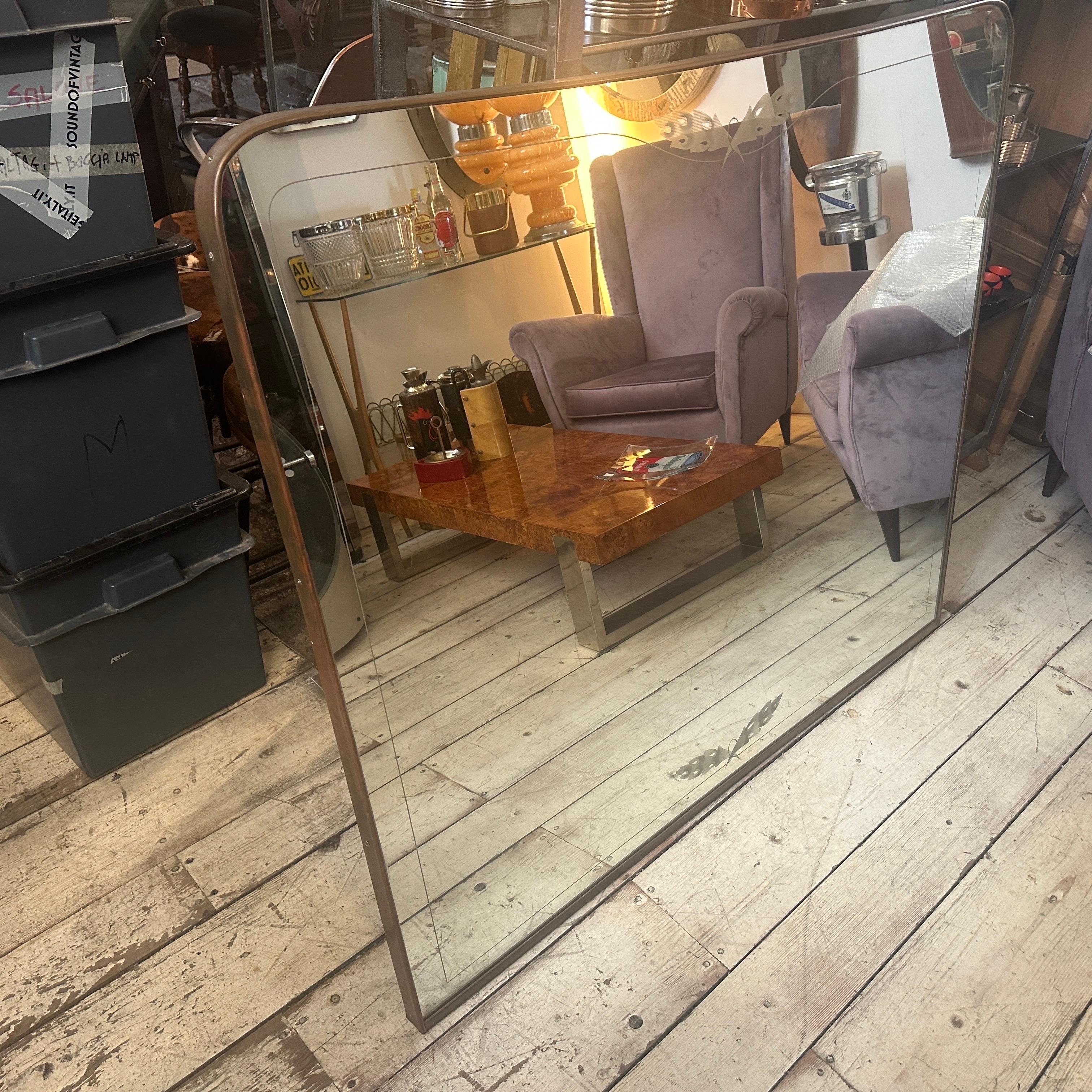 Italian 1950s Gio Ponti Style Mid-Century Modern Brass and Etched Glass Big Wall MIrror For Sale