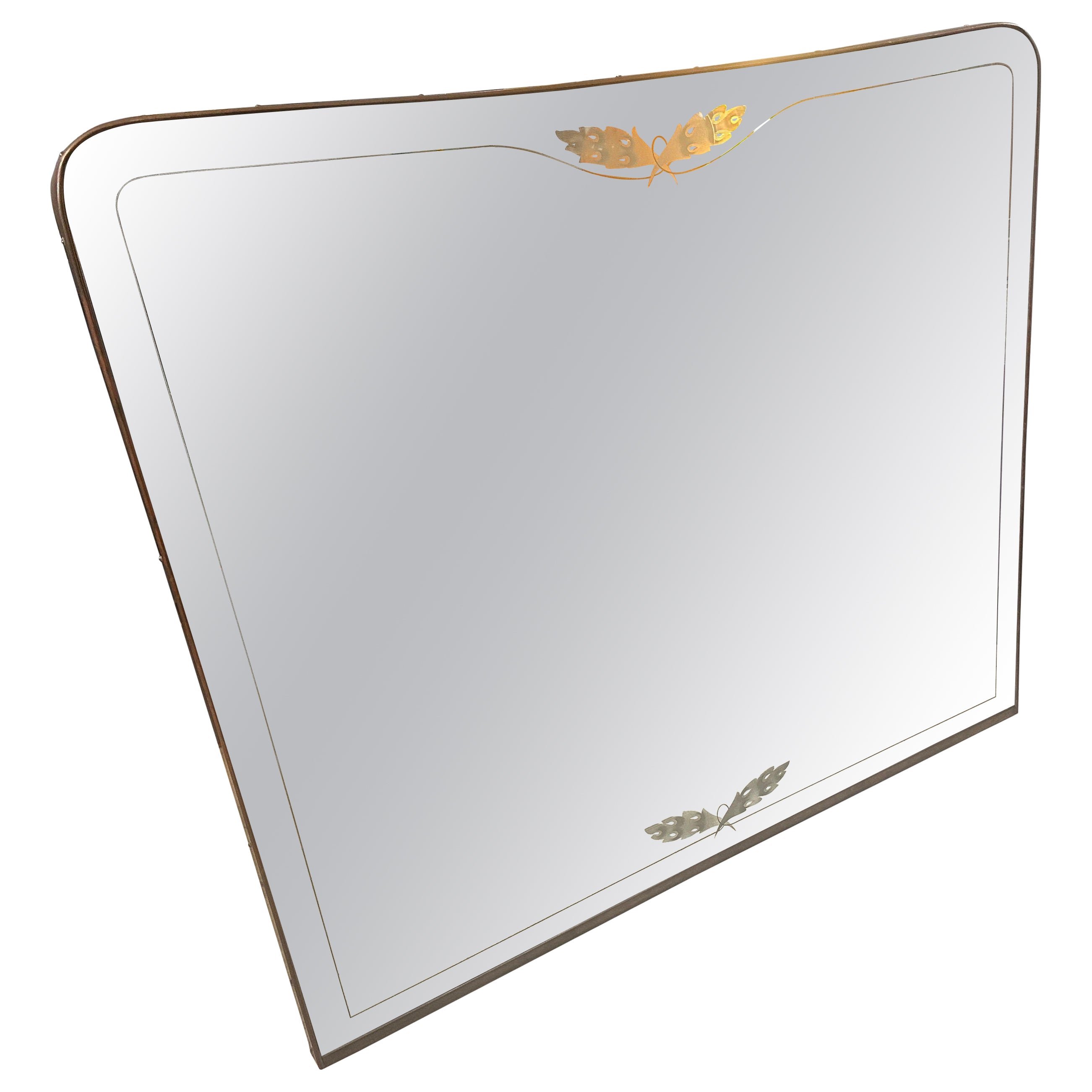 Grande specchio da parete in ottone e vetro acidato in stile Gio Ponti del 1950.