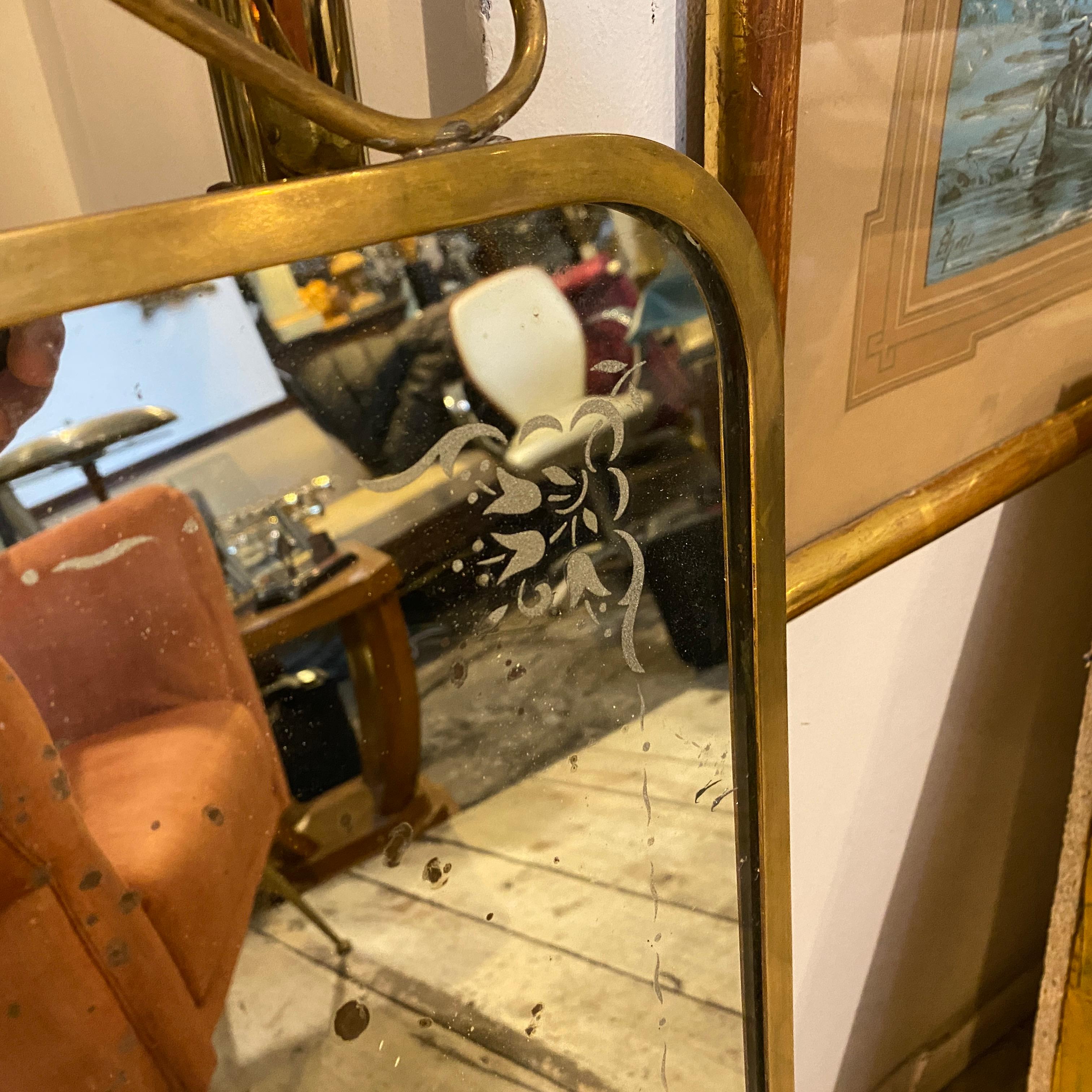 1950s, Giò Ponti Style Mid-Century Modern Brass and Etched Glass Wall Mirror 4