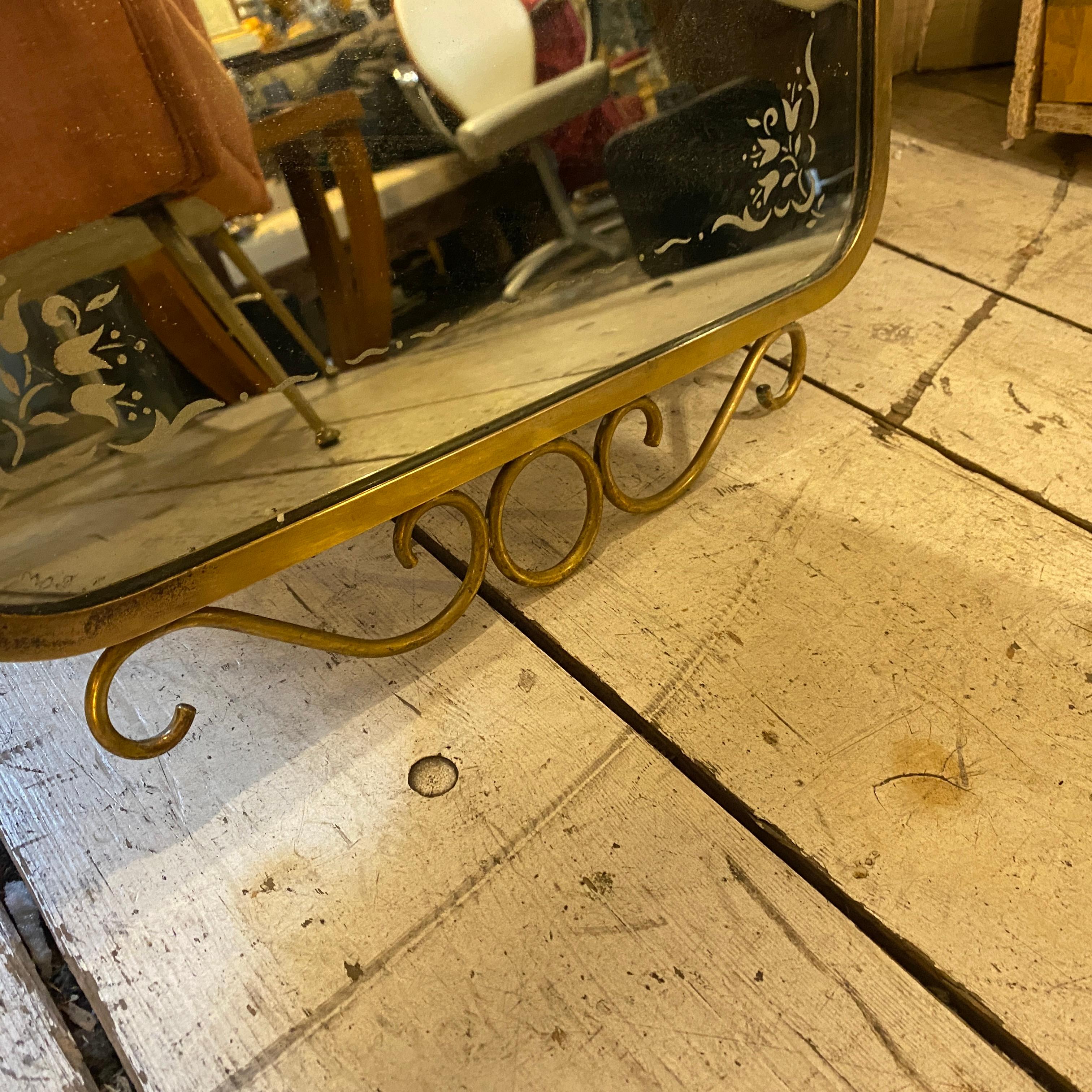 1950s, Giò Ponti Style Mid-Century Modern Brass and Etched Glass Wall Mirror 3