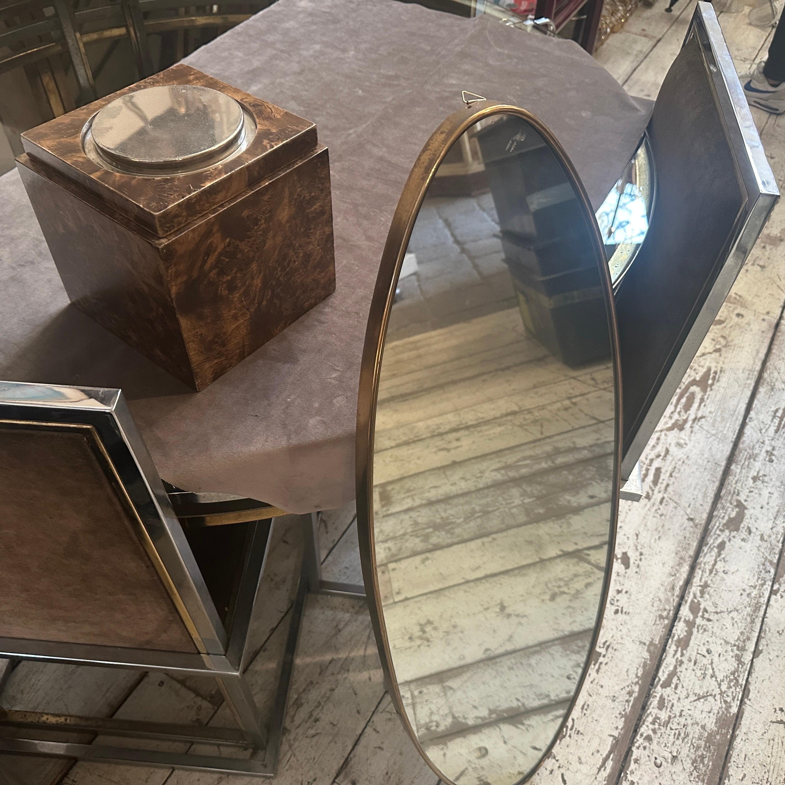 Hand-Crafted 1950s Gio Ponti Style Mid-Century Modern Brass Italian Long Oval Wall Mirror For Sale