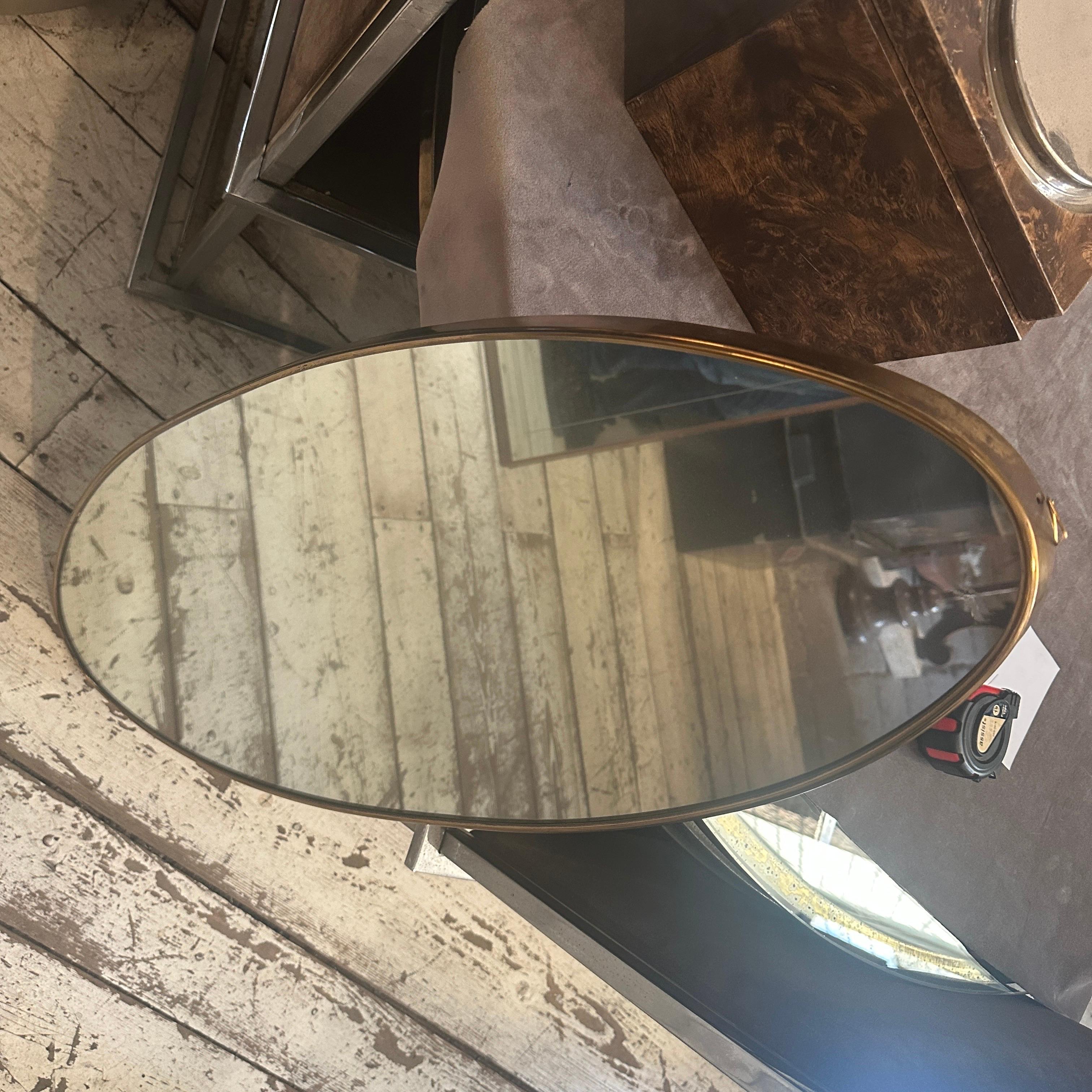 1950s Gio Ponti Style Mid-Century Modern Brass Italian Long Oval Wall Mirror For Sale 1