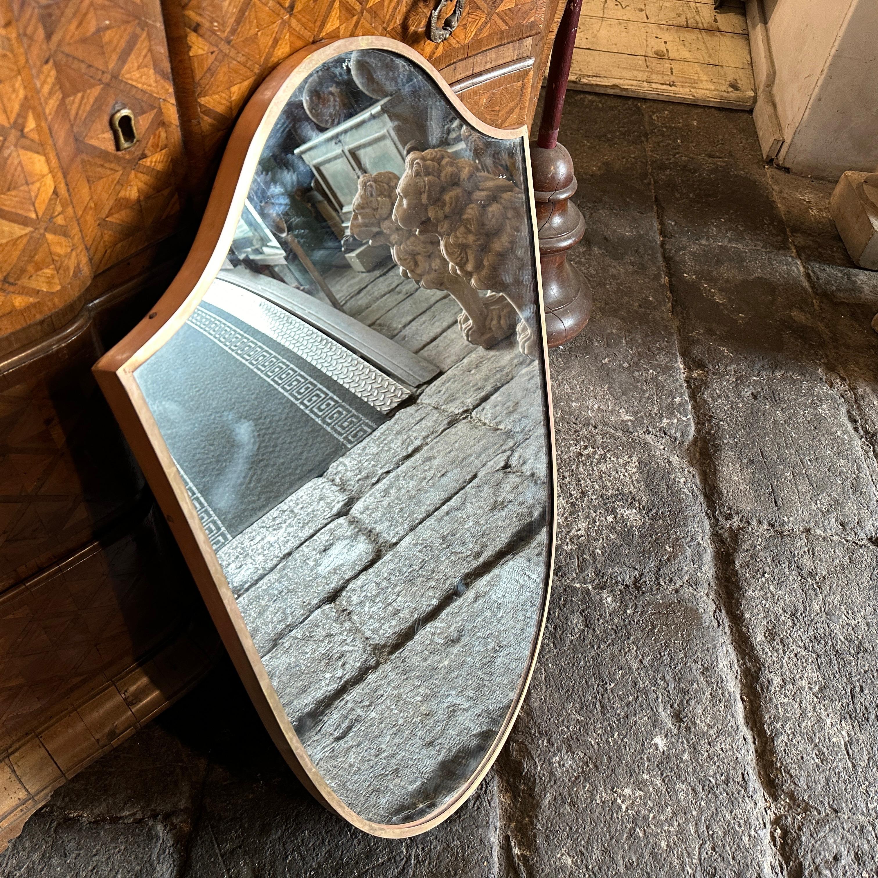1950s Gio Ponti Style Mid-Century Modern Brass Italian Shield Wall Mirror 7