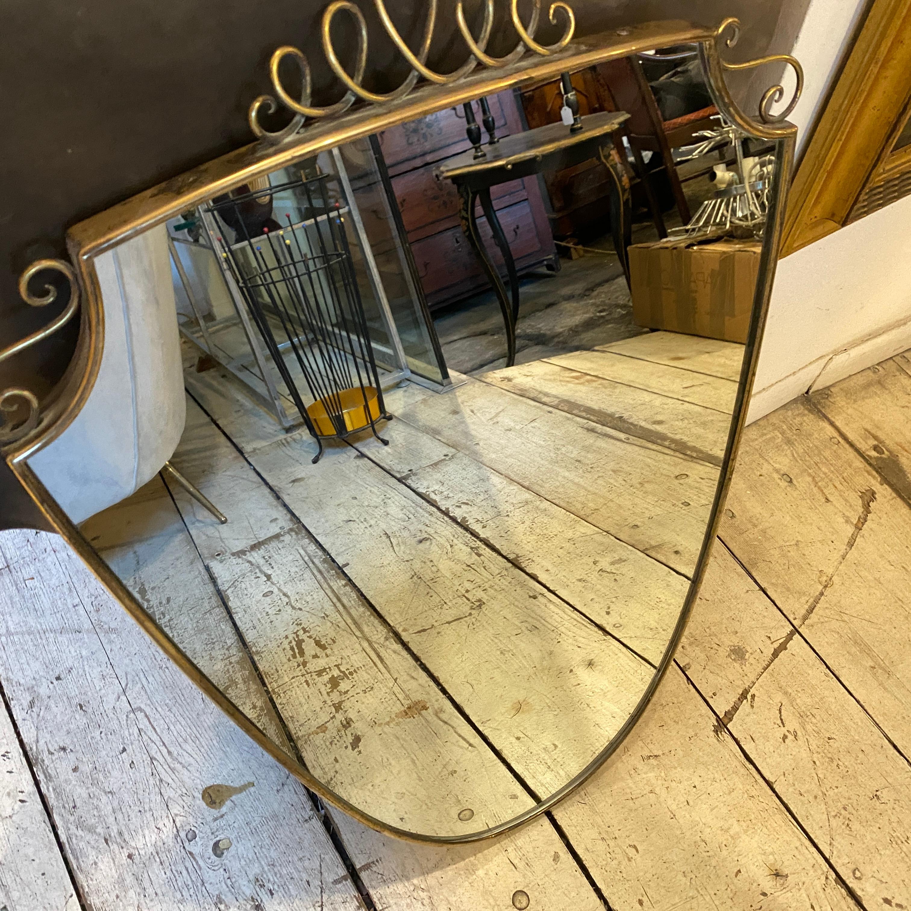 Hand-Crafted 1950s Giò Ponti Style Mid-Century Modern Brass Italian Shield Wall Mirror