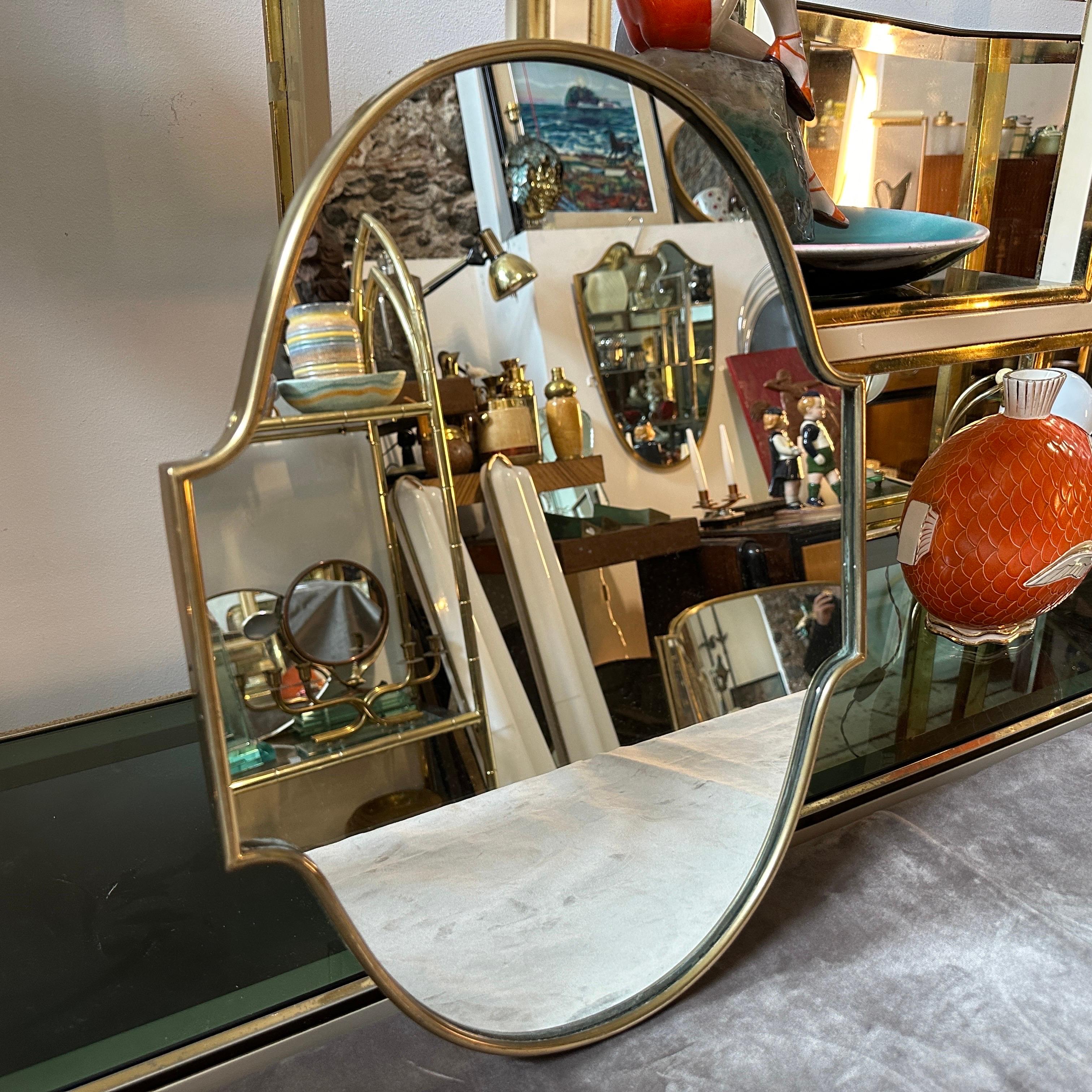 20th Century 1950s Giò Ponti Style Mid-Century Modern Brass Italian Shield Wall Mirror For Sale