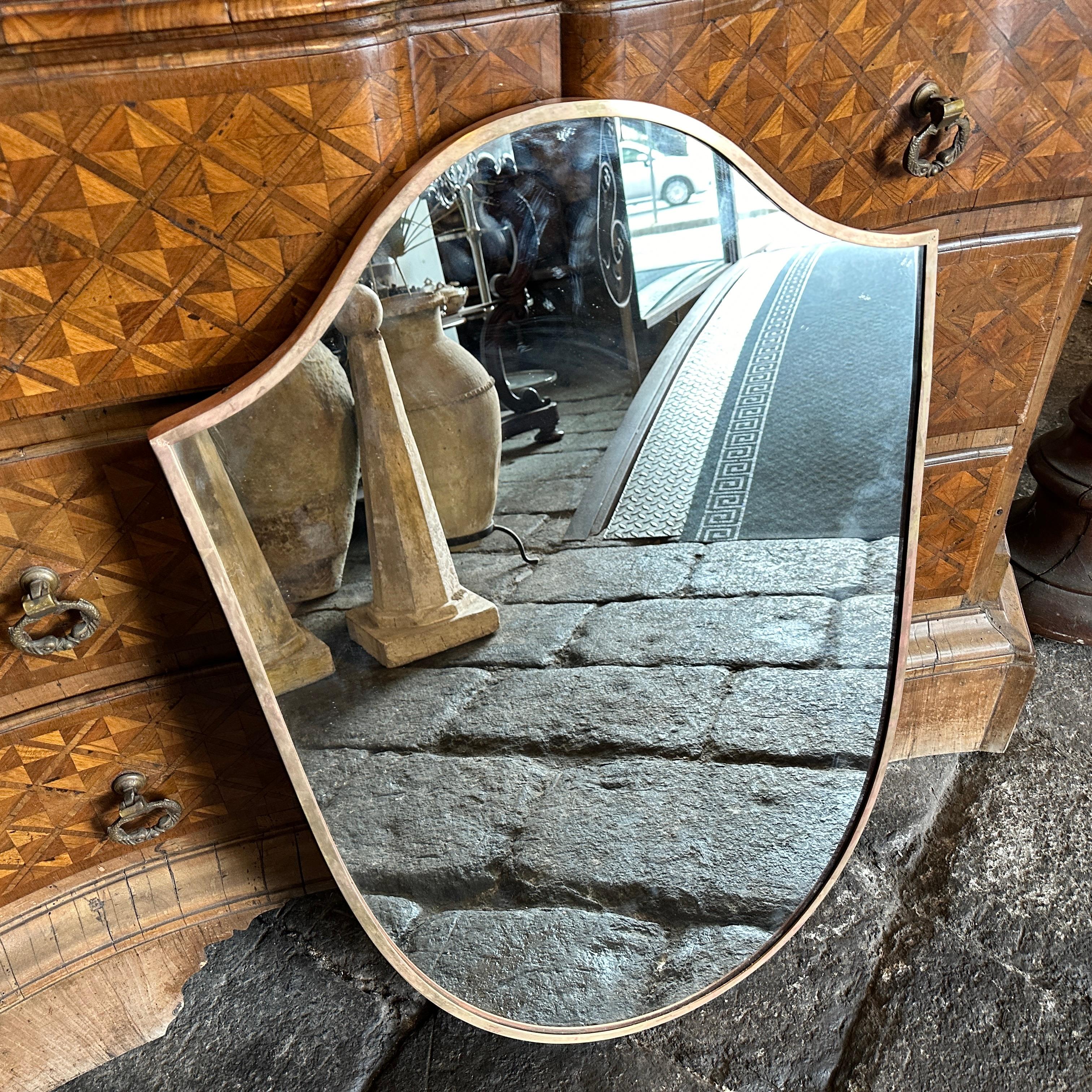 20th Century 1950s Gio Ponti Style Mid-Century Modern Brass Italian Shield Wall Mirror