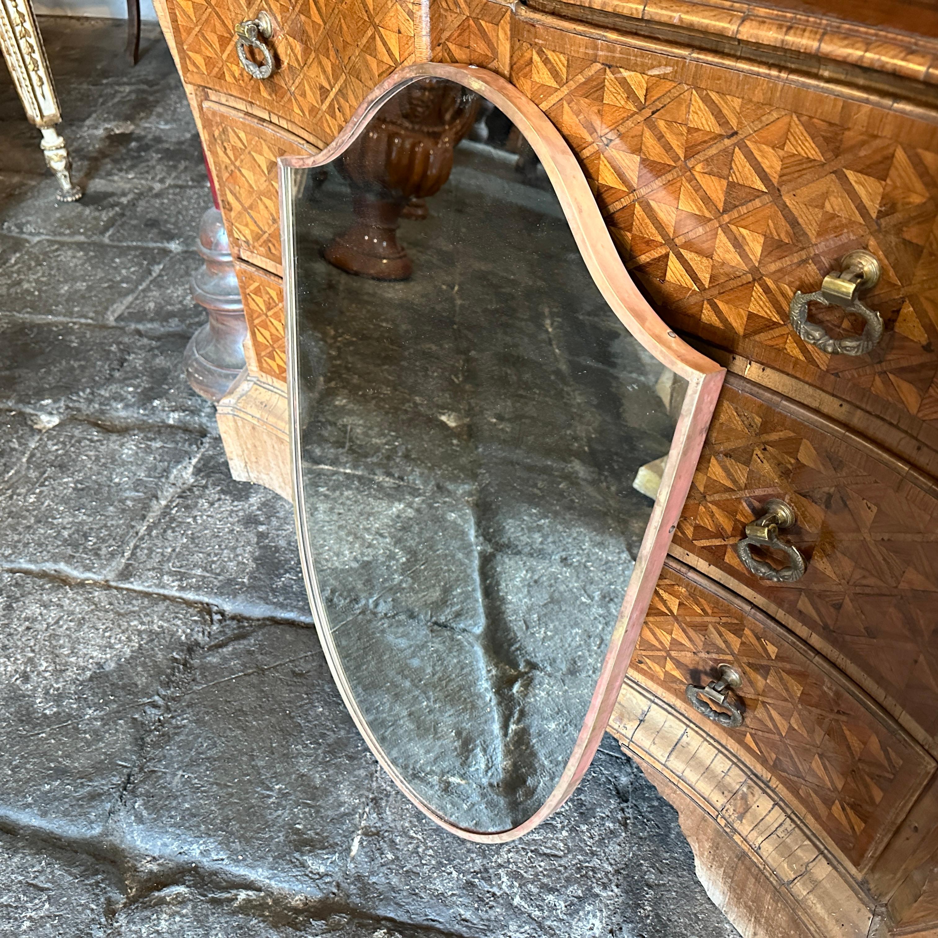 1950s Gio Ponti Style Mid-Century Modern Brass Italian Shield Wall Mirror For Sale 1