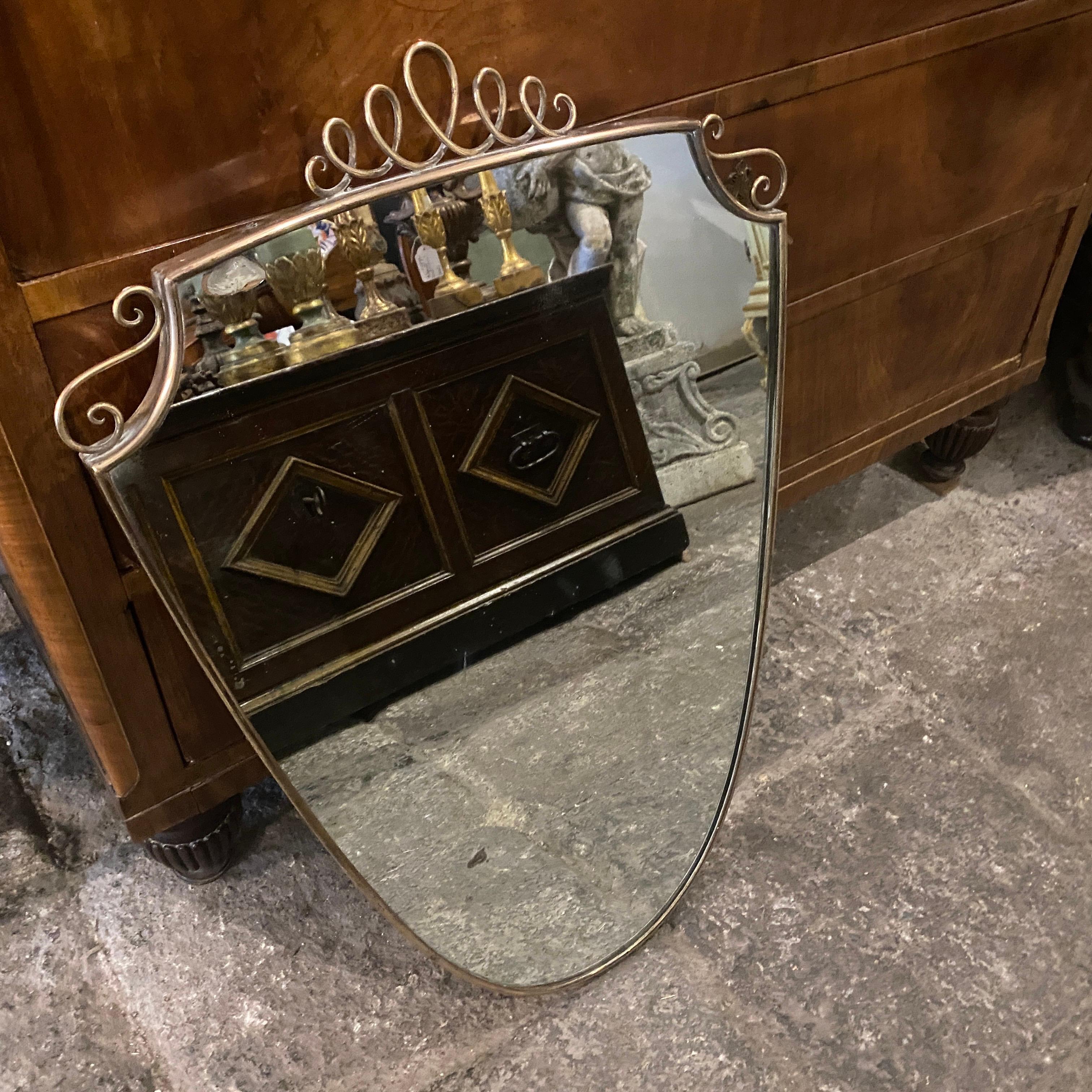 1950s Giò Ponti Style Mid-Century Modern Brass Italian Shield Wall Mirror 1