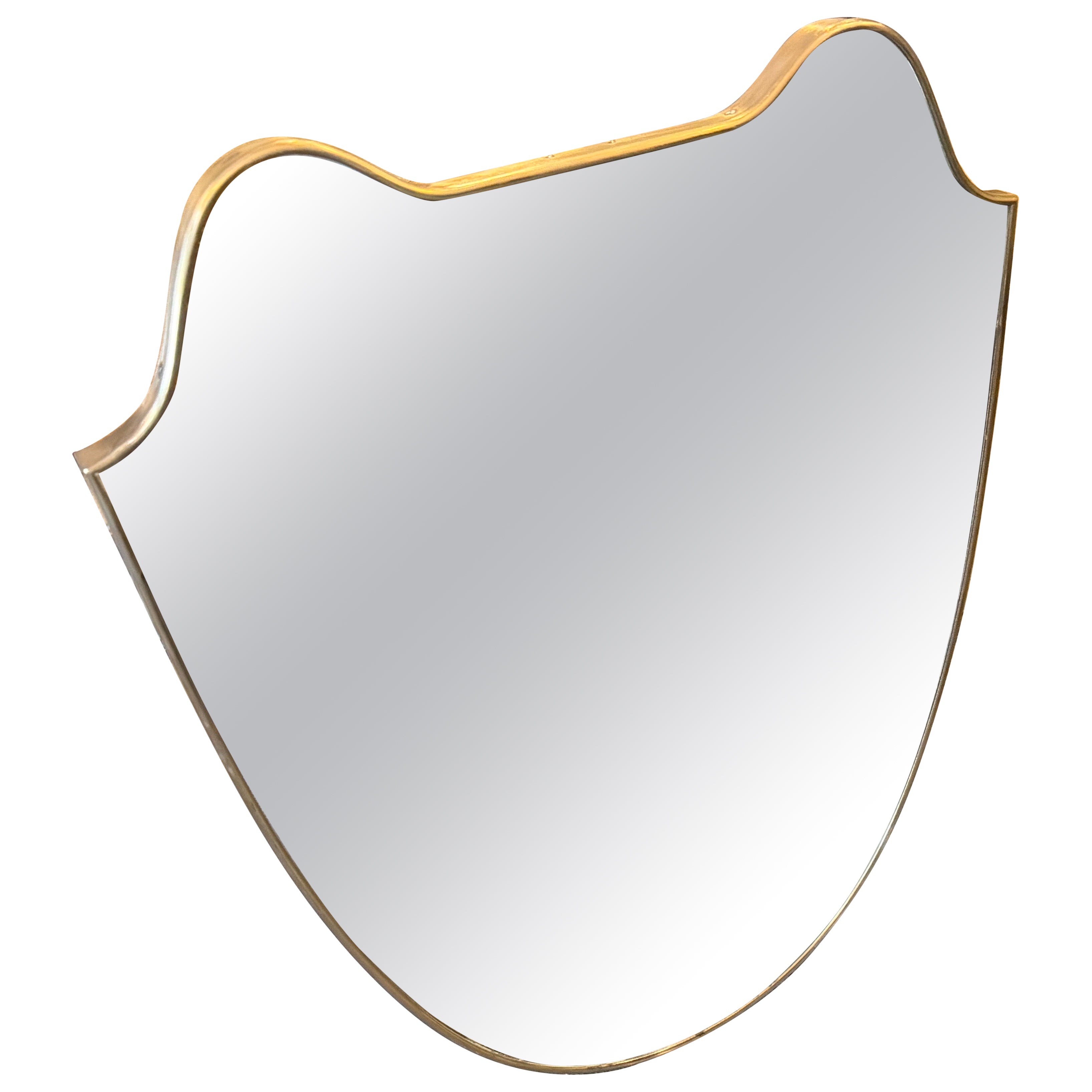 1950s Gio Ponti Style Mid-Century Modern Brass Shield Shaped Italian Wall Mirror For Sale