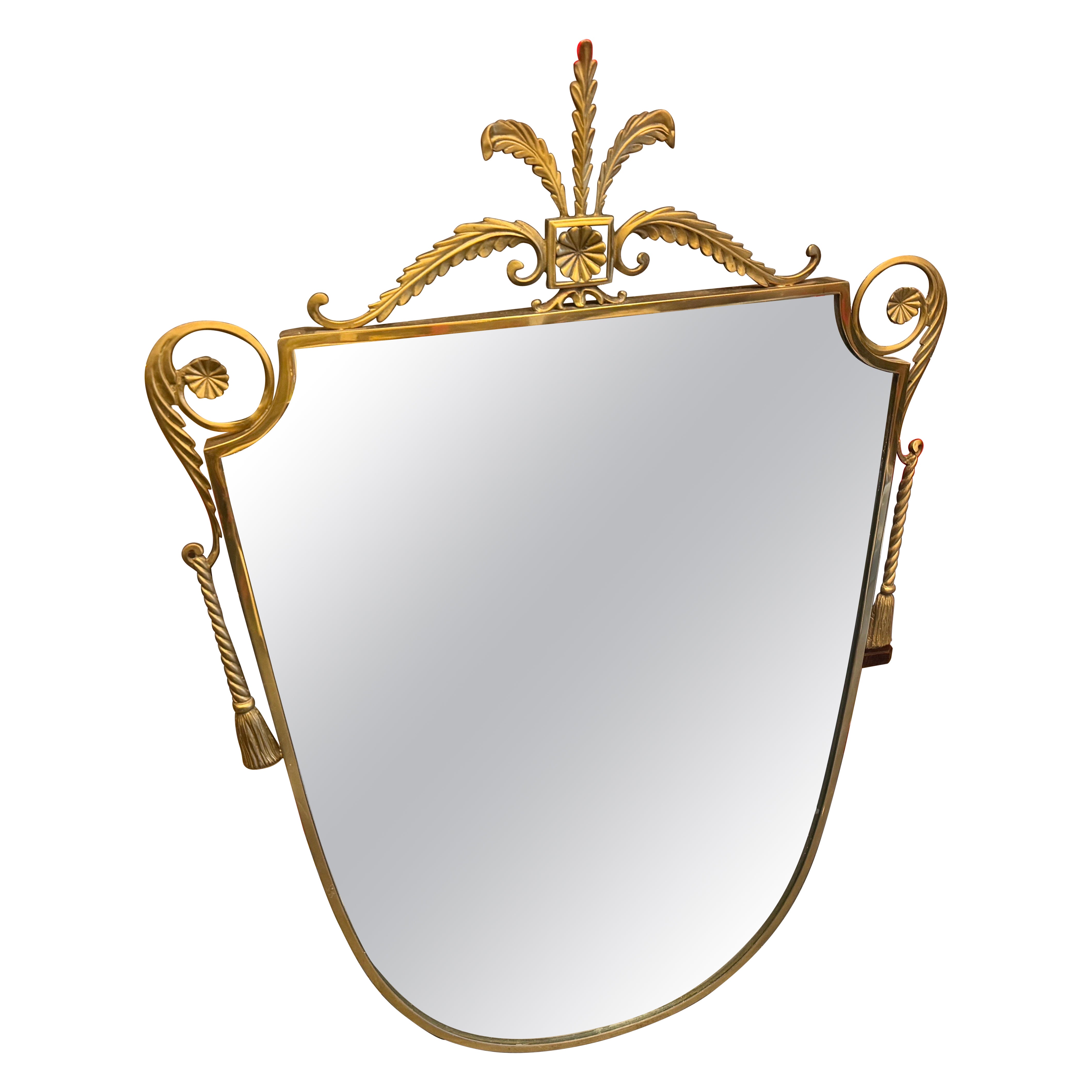 1950s Gio Ponti Style Mid-Century Modern Brass Shield Wall Mirror For Sale