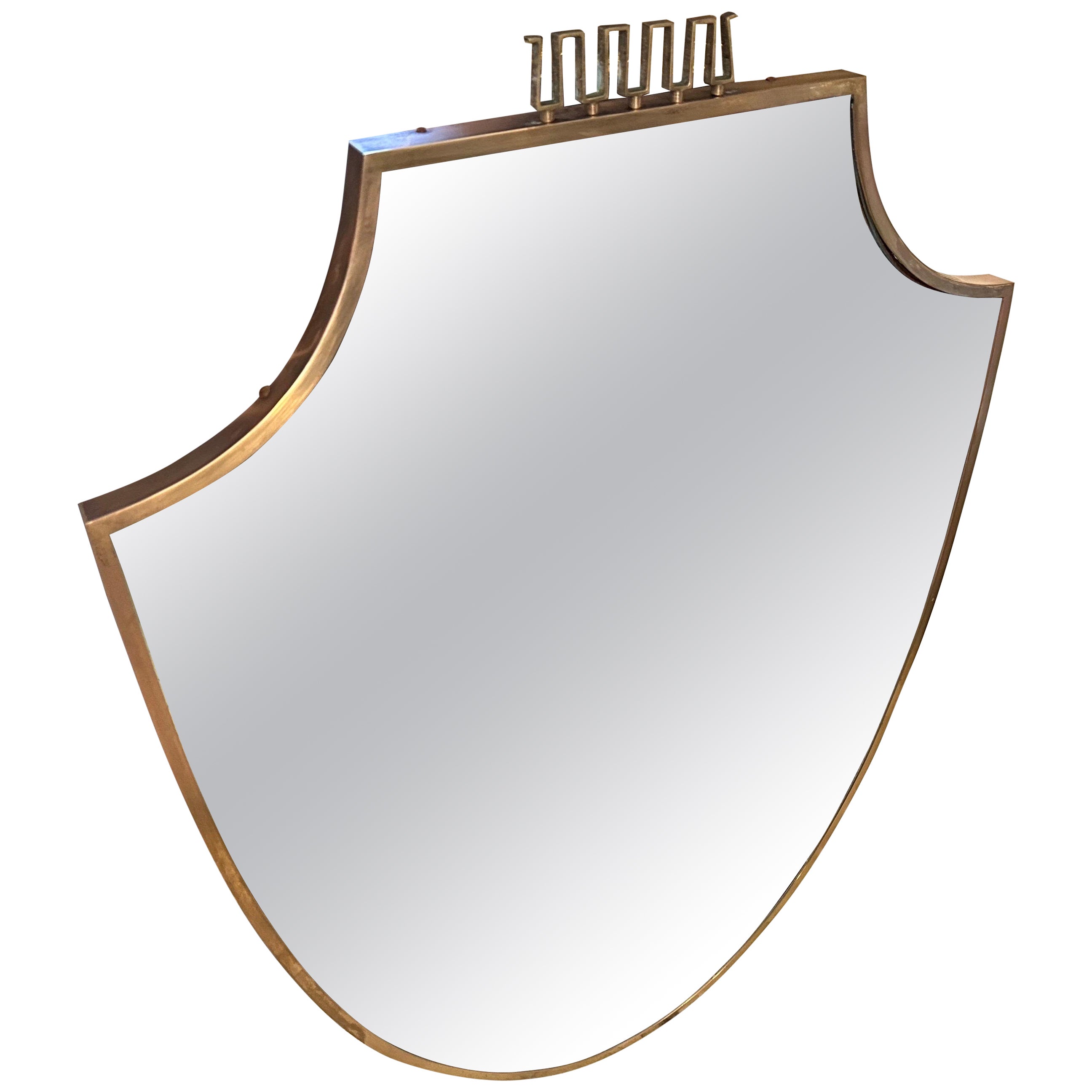 1950s Gio Ponti Style Mid-Century Modern Solid Brass Shield Shaped Wall Mirror