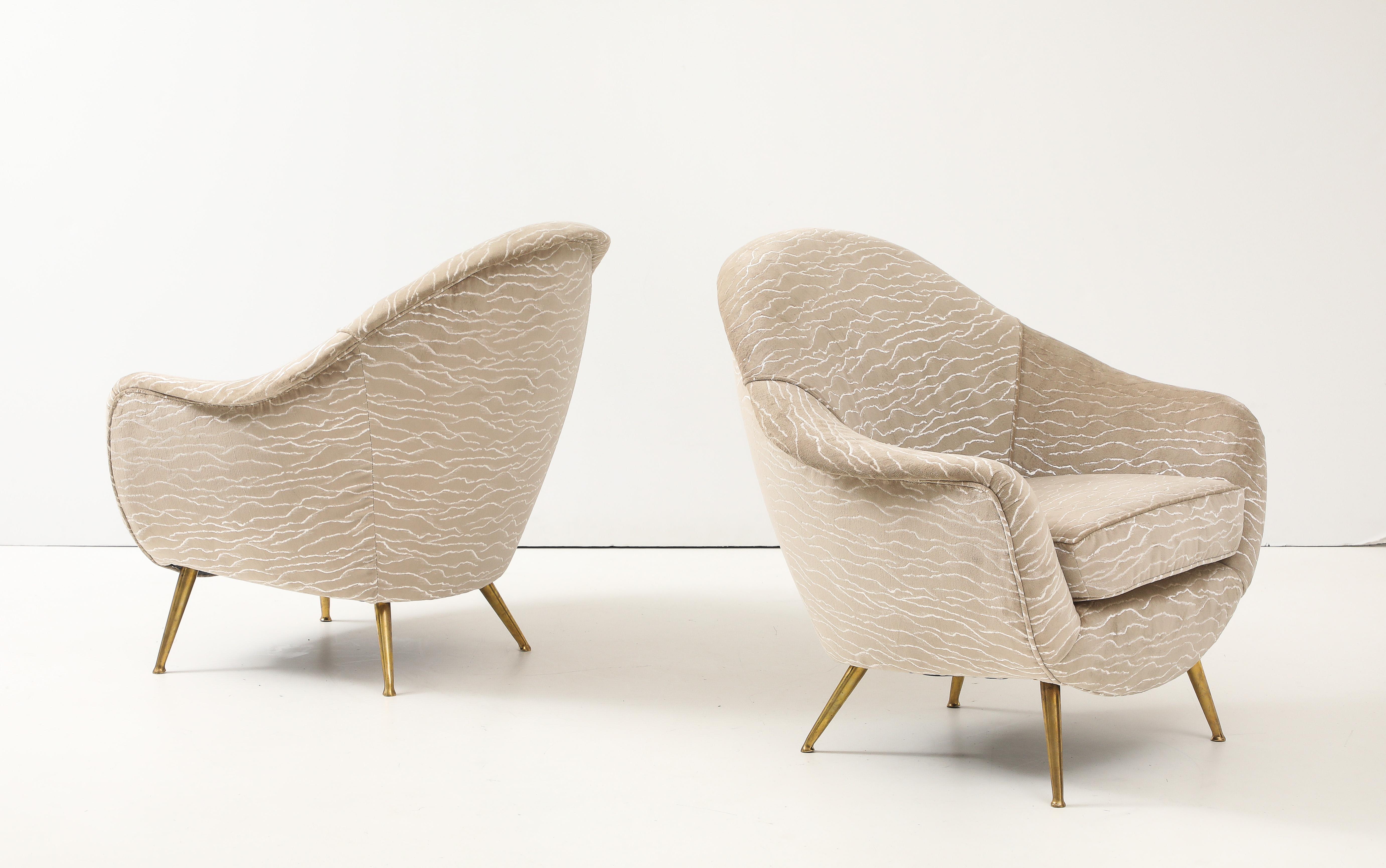 Mid-Century Modern 1950's Gio Ponti Style Modernist Italian Lounge Chairs In Velvet Upholstery For Sale