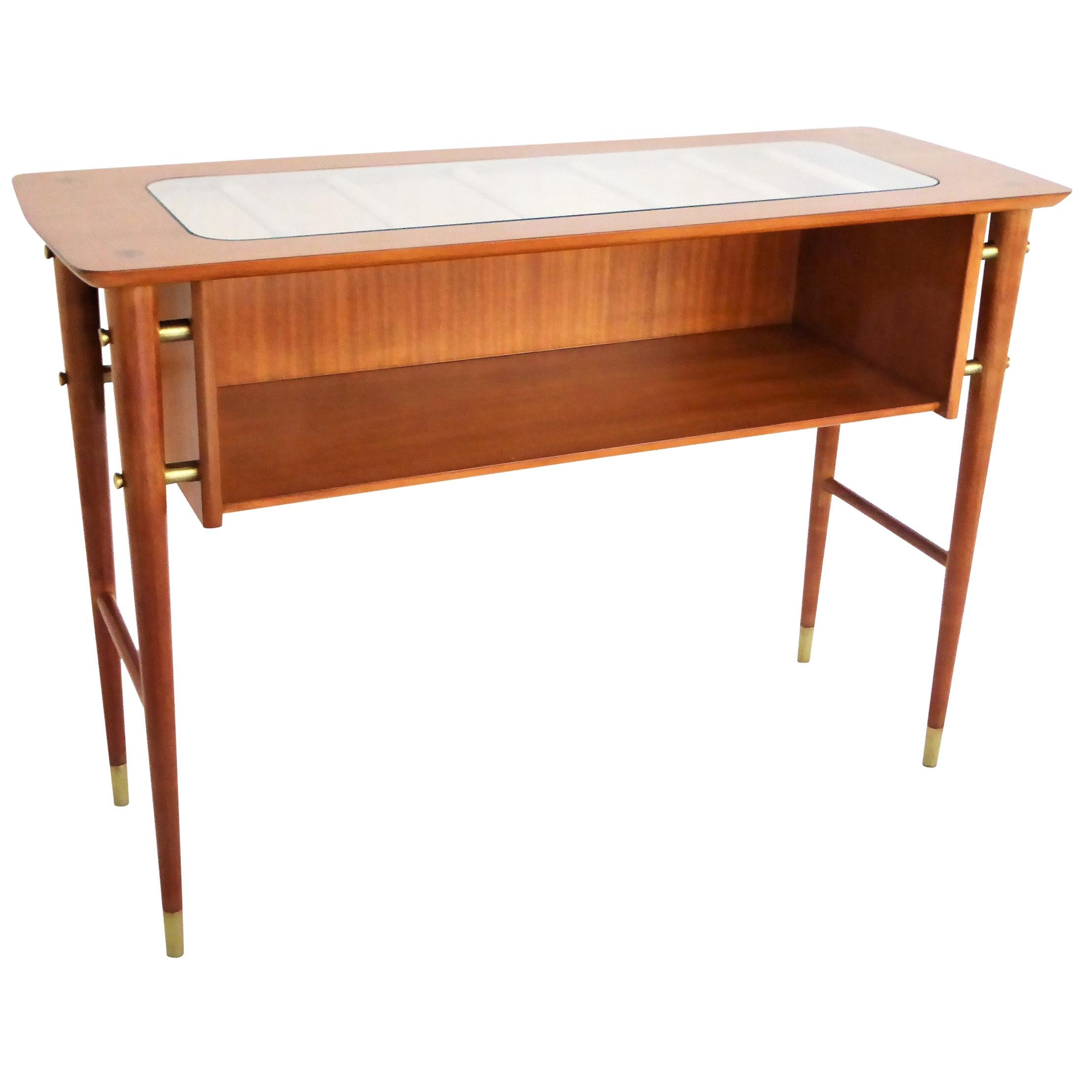 1950s Gio Ponti Style Petite Console Table with Shelf in Blond Mahogany