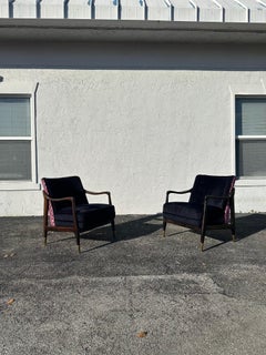 1950s Gio Ponti Style Purple Beige Mohair Velvet Floral Walnut Chairs, Set of 2