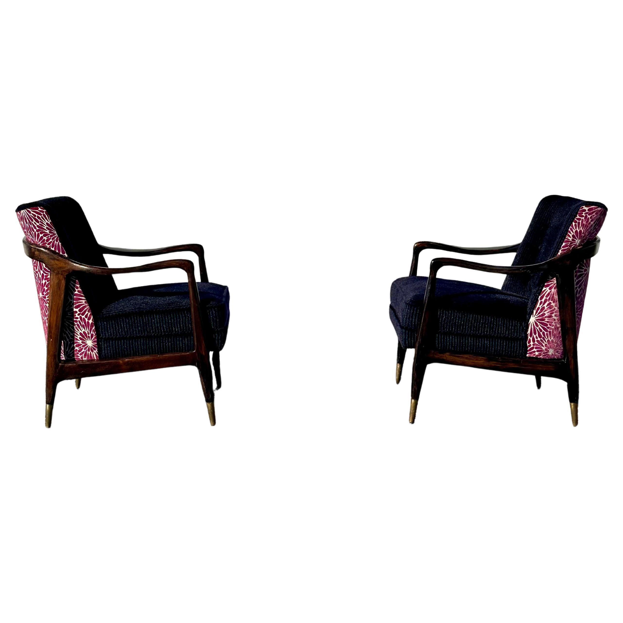 1950s Gio Ponti Style Purple Beige Mohair Velvet Floral Walnut Chairs, Set of 2