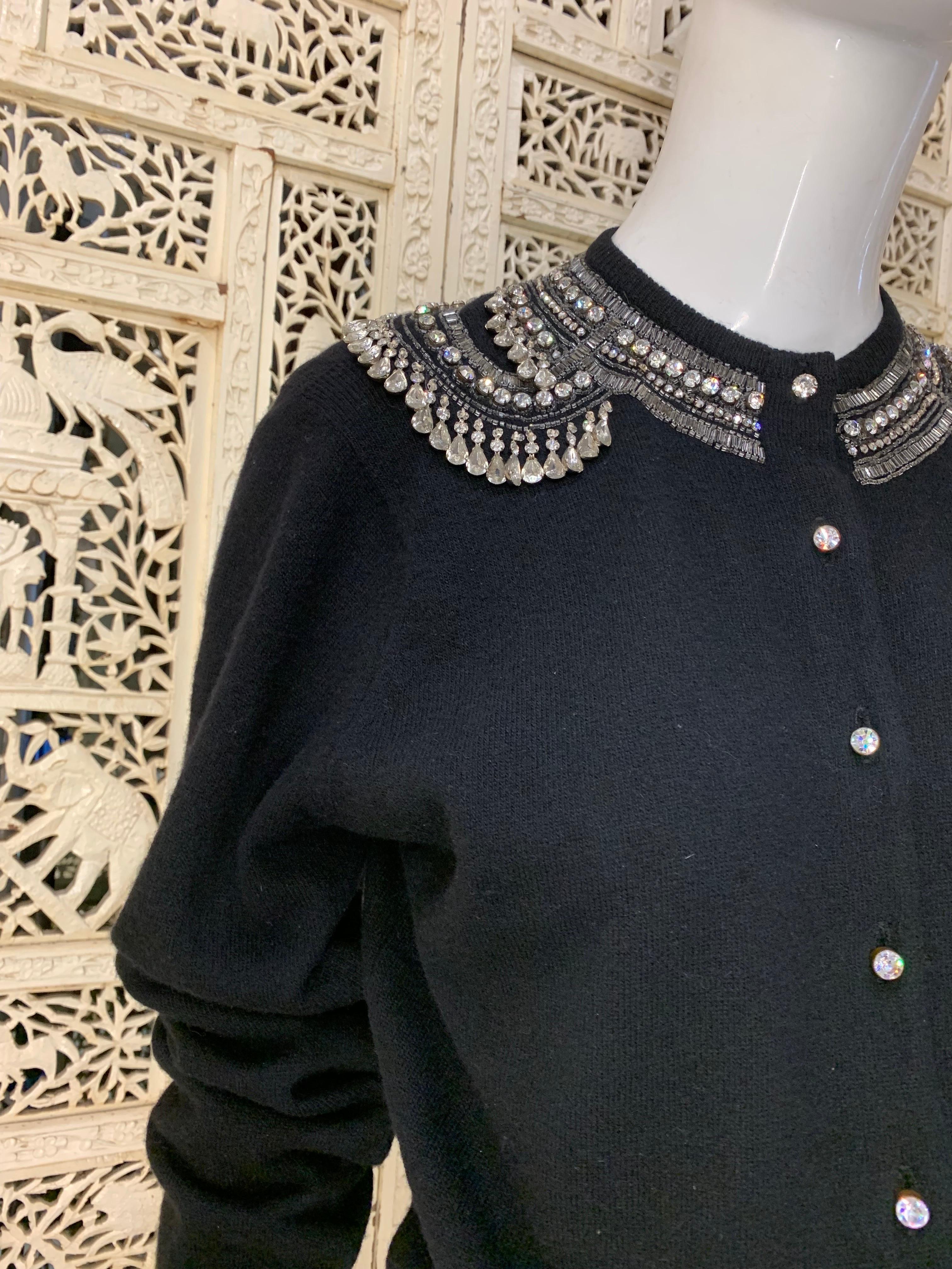 1950s Giovagnoni Black Cashmere Button-Up Sweater w Tear-Drop Rhinestone Fringe For Sale 8
