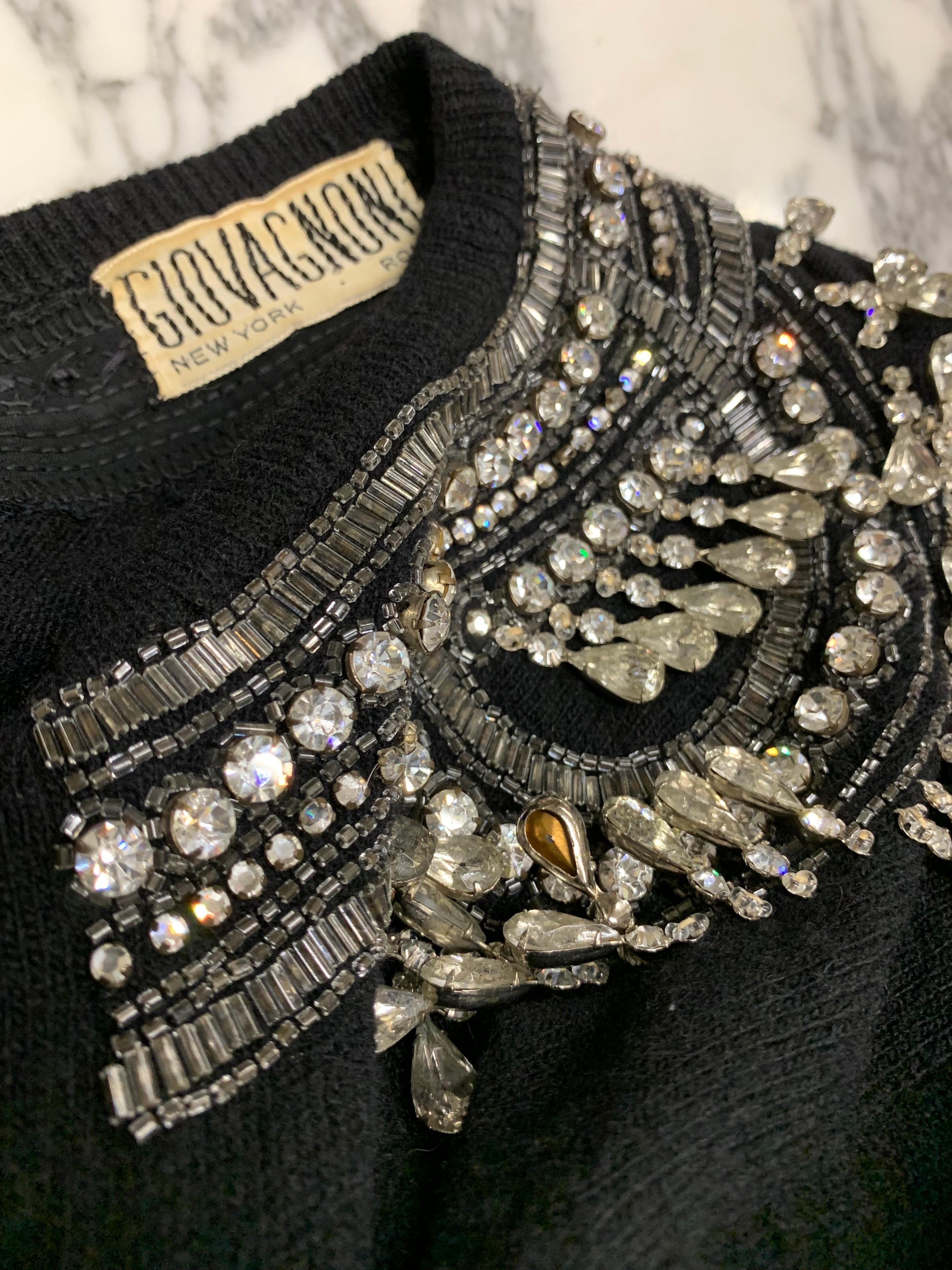 1950s Giovagnoni Black Cashmere Button-Up Sweater w Tear-Drop Rhinestone Fringe For Sale 9