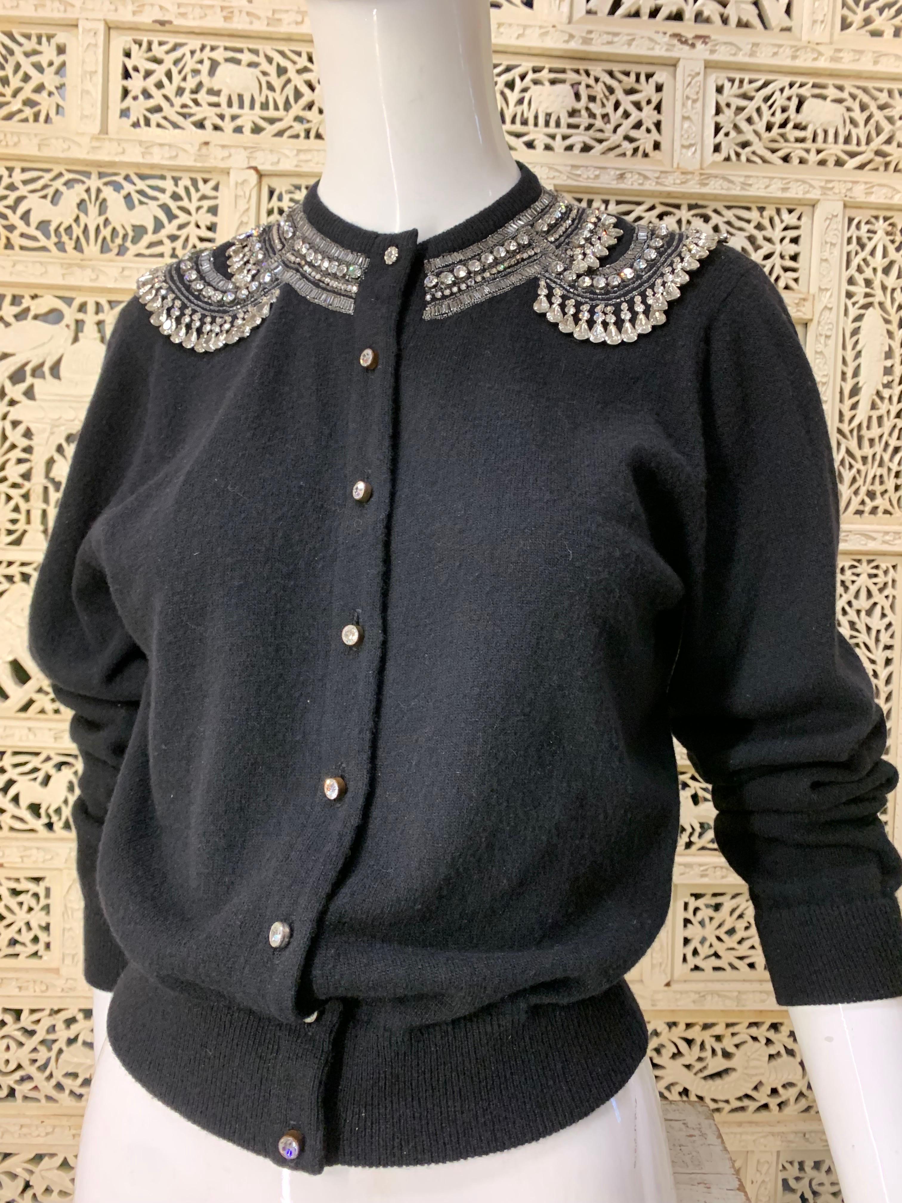 1950s Giovagnoni Black Cashmere Button-Up Sweater w Tear-Drop Rhinestone Fringe: Rhinestone buttons with extravagant bib-style rhinestone shoulders and collar. Unlined. Mint-Condition. US size Medium.