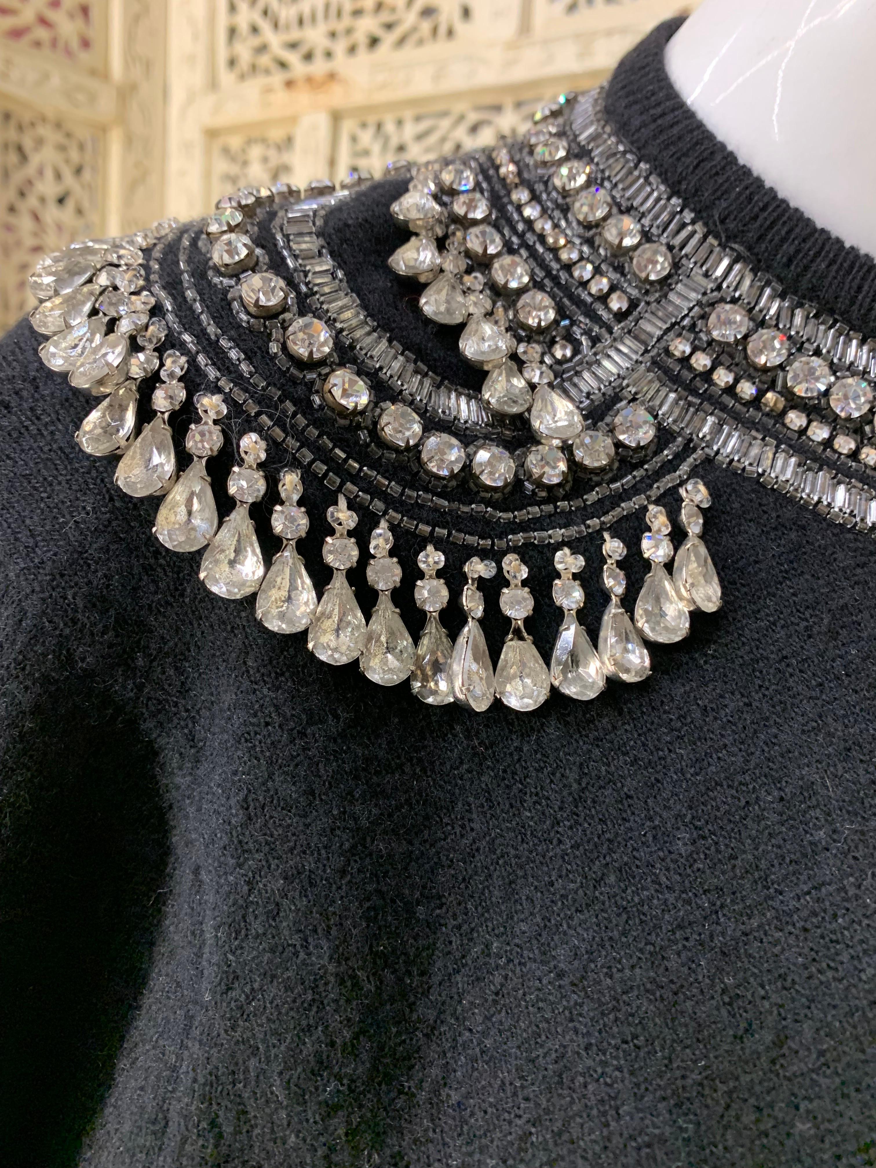 Women's 1950s Giovagnoni Black Cashmere Button-Up Sweater w Tear-Drop Rhinestone Fringe For Sale