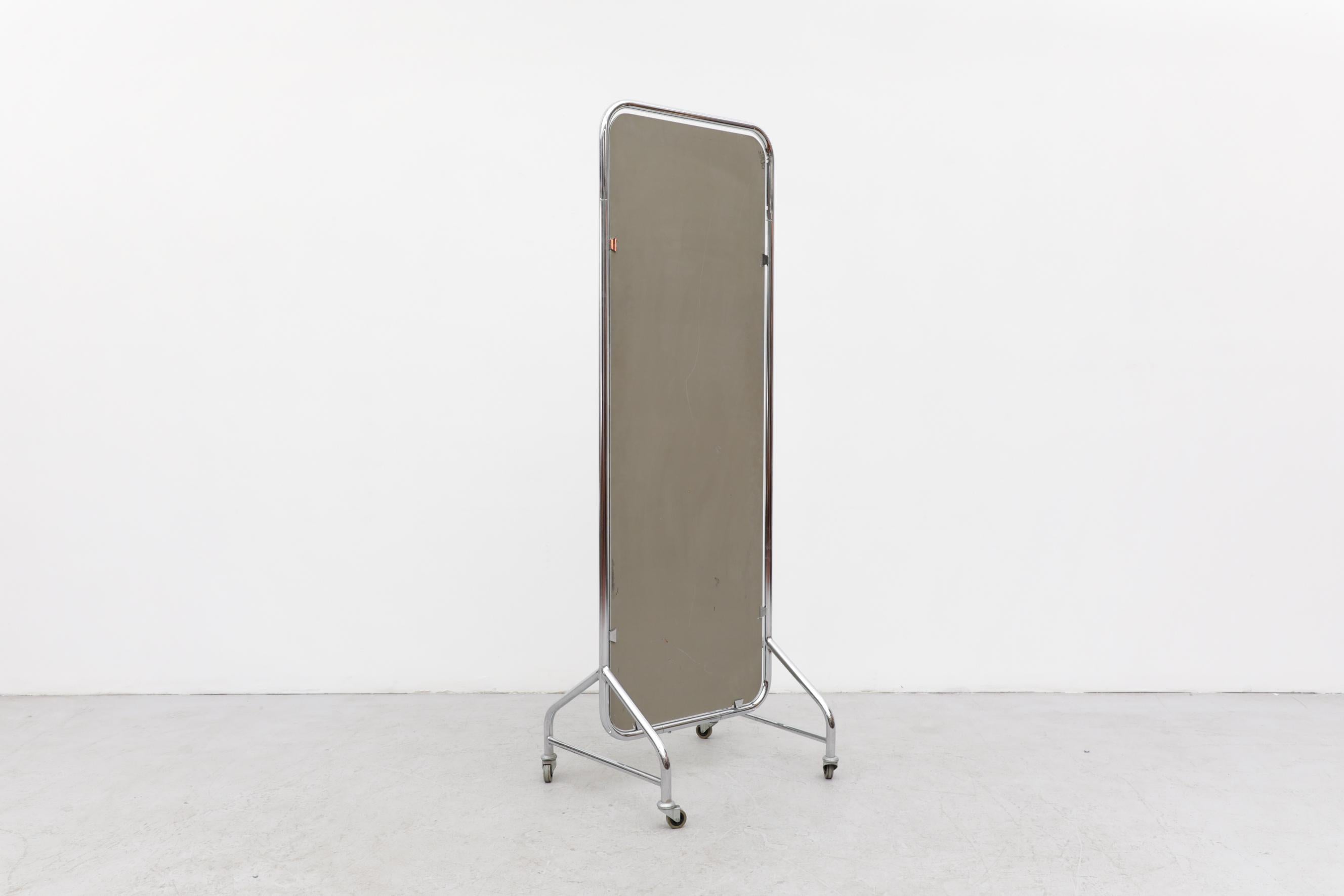 Mid-Century Modern 1950's Gispen Chrome Standing Mirror with Wheels