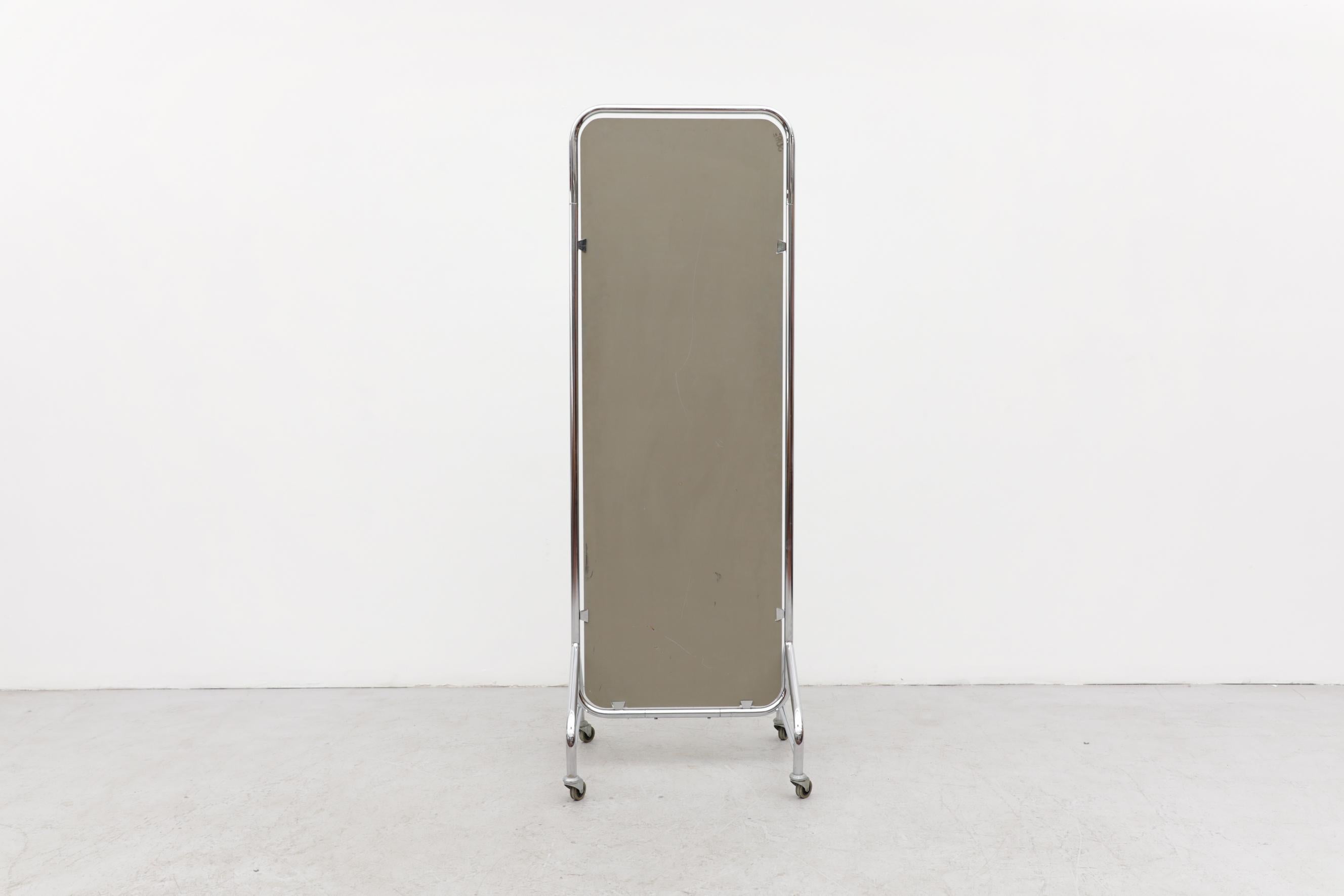 Dutch 1950's Gispen Chrome Standing Mirror with Wheels