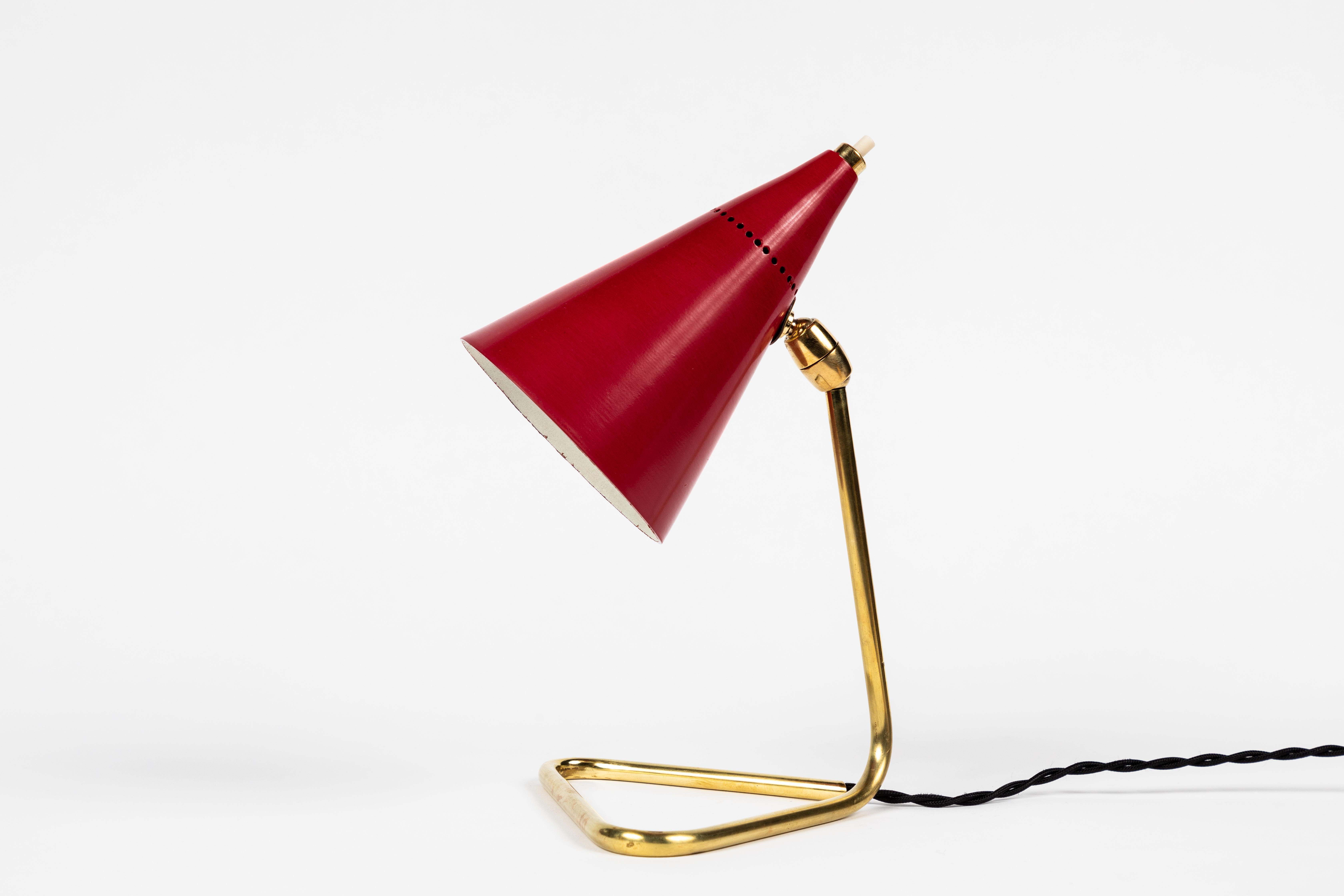 Brass 1950s Giuseppe Ostuni Red Cone Table Lamp for Oluce