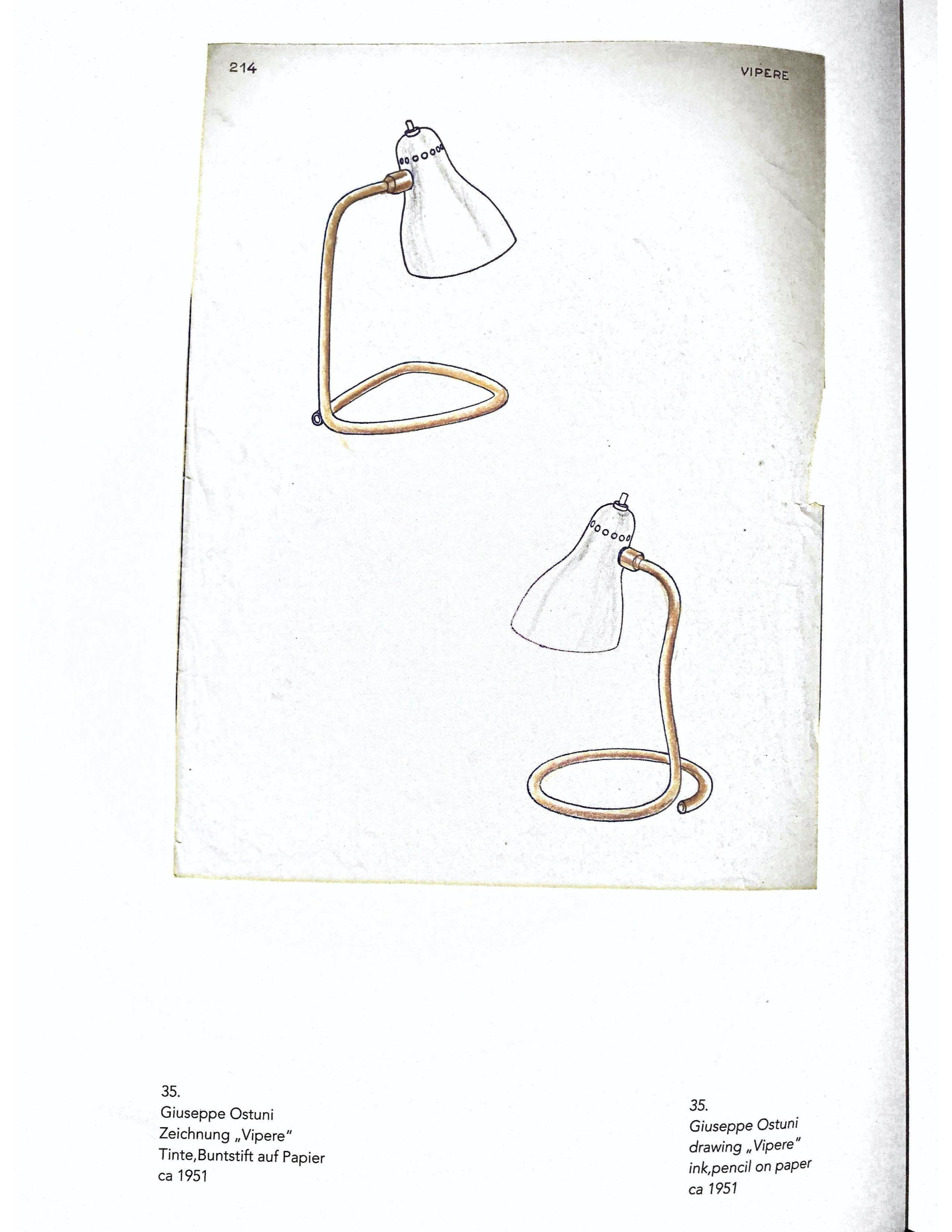 italien 1950s Giuseppe Ostuni 'Vipere' White and Brass Table Lamp for O-Luce en vente