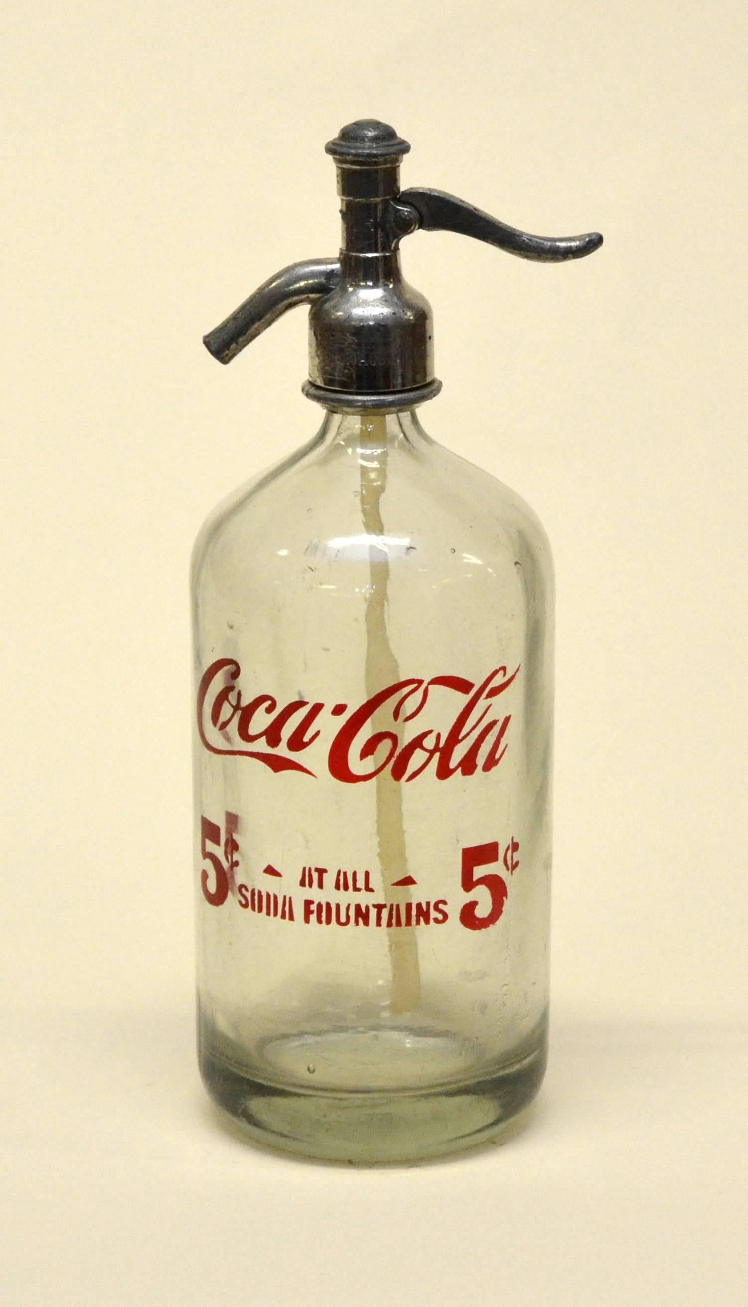 Mid-Century Modern 1950s Glass American Soda Syphon Seltzer Coca-Cola Bar Bottle