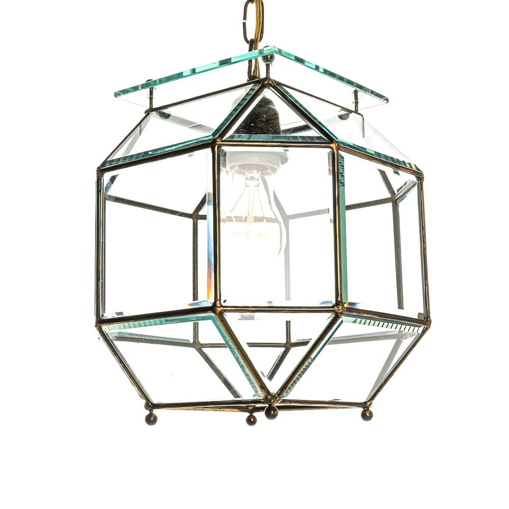 Long chain lantern consists of a copper frame with facet cut crystal glass windows, hanging from a thick square glass plate. Manufactured circa 1950s.  
We have a couple more lanterns in similar style just slightly different from each other. Please
