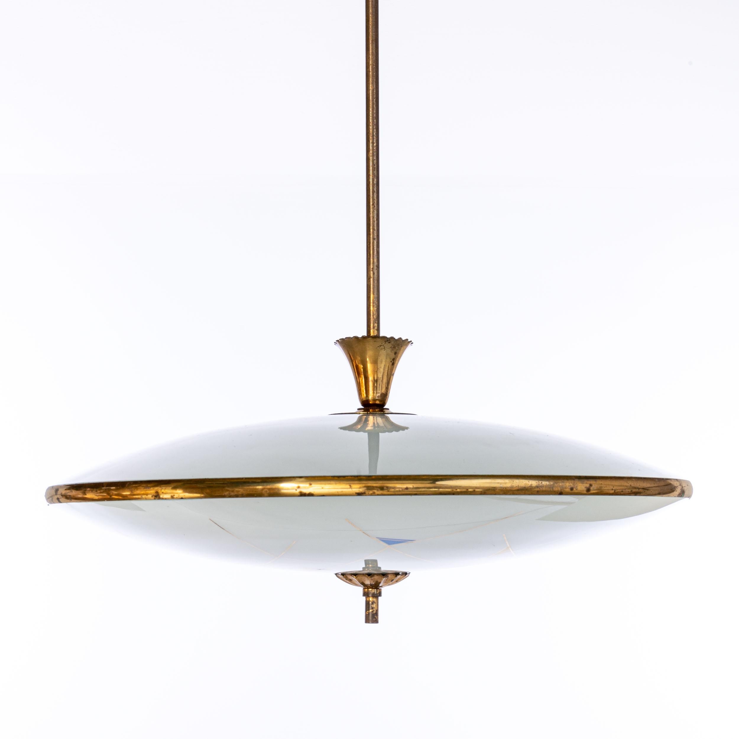 Italian 1950's Glass and Brass Pendant Attributed to Pietro Chiesa For Sale